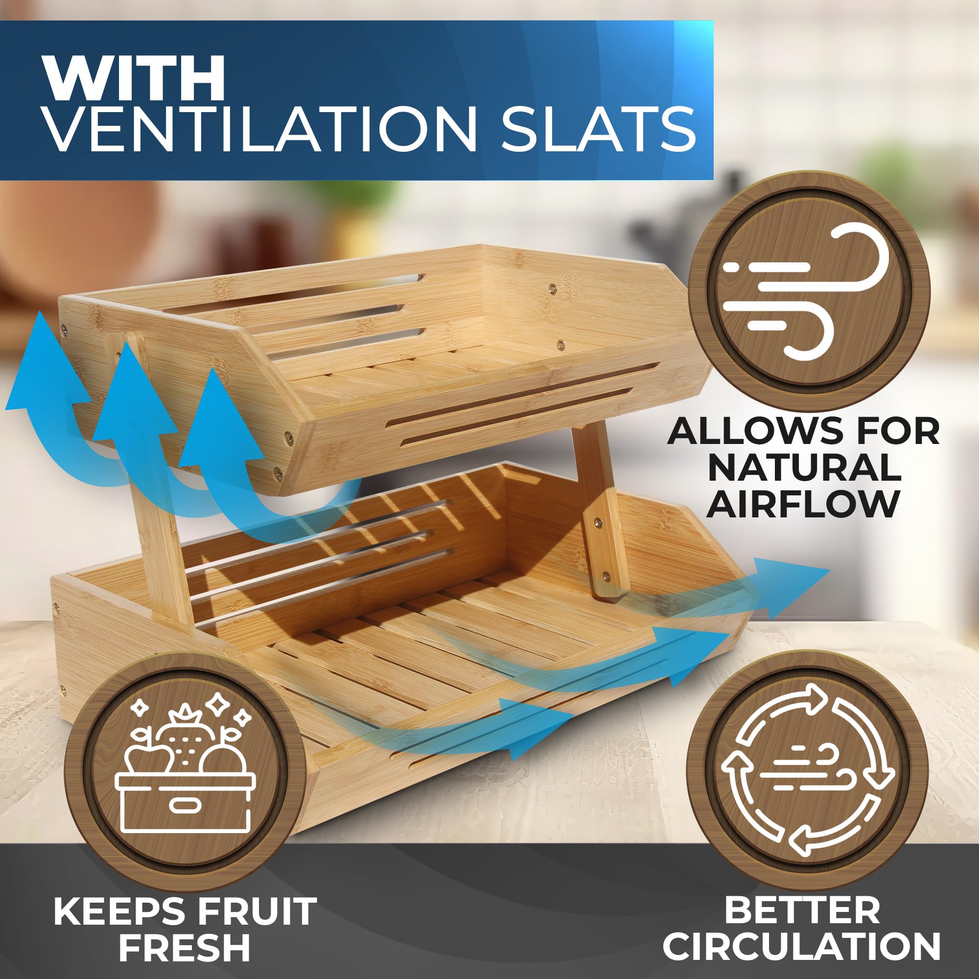 2 Tier Bamboo Fruit Basket with Banana Hanger Hooks - Wooden Kitchen Countertop Organizer for Fruits & Vegetables - Perfect for Home Kitchen, Fruit Shops, and Pantry Storage