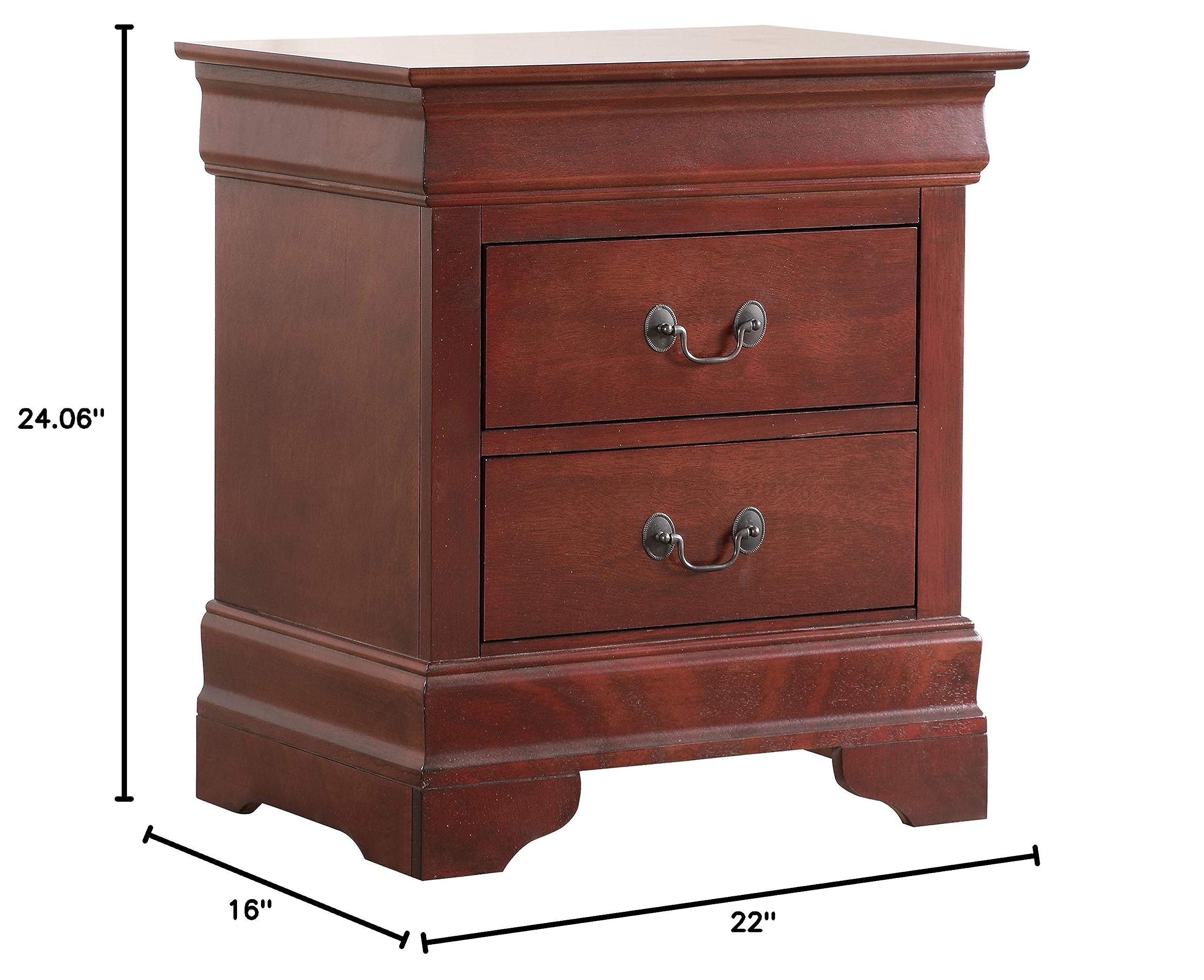 Glory Furniture Louis Phillipe 2-Drawer Cherry Nightstand - Classic Bedside Table for Bedroom Decor & Storage