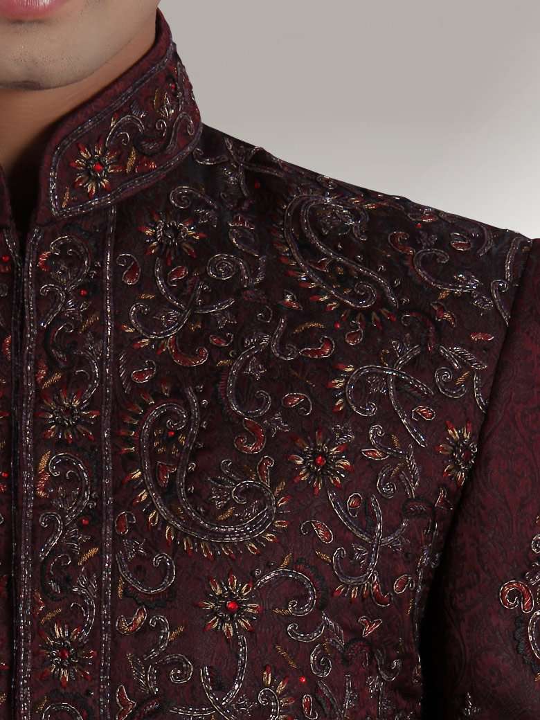 Aziz Groom Dark Maroon Sherwani for Men | Indian Wedding Sherwani Outfit | Elegant Ethnic Wear for Groom, Bridegroom & Wedding Party | Perfect for Indian Weddings, Sangeet & Reception Ceremonies