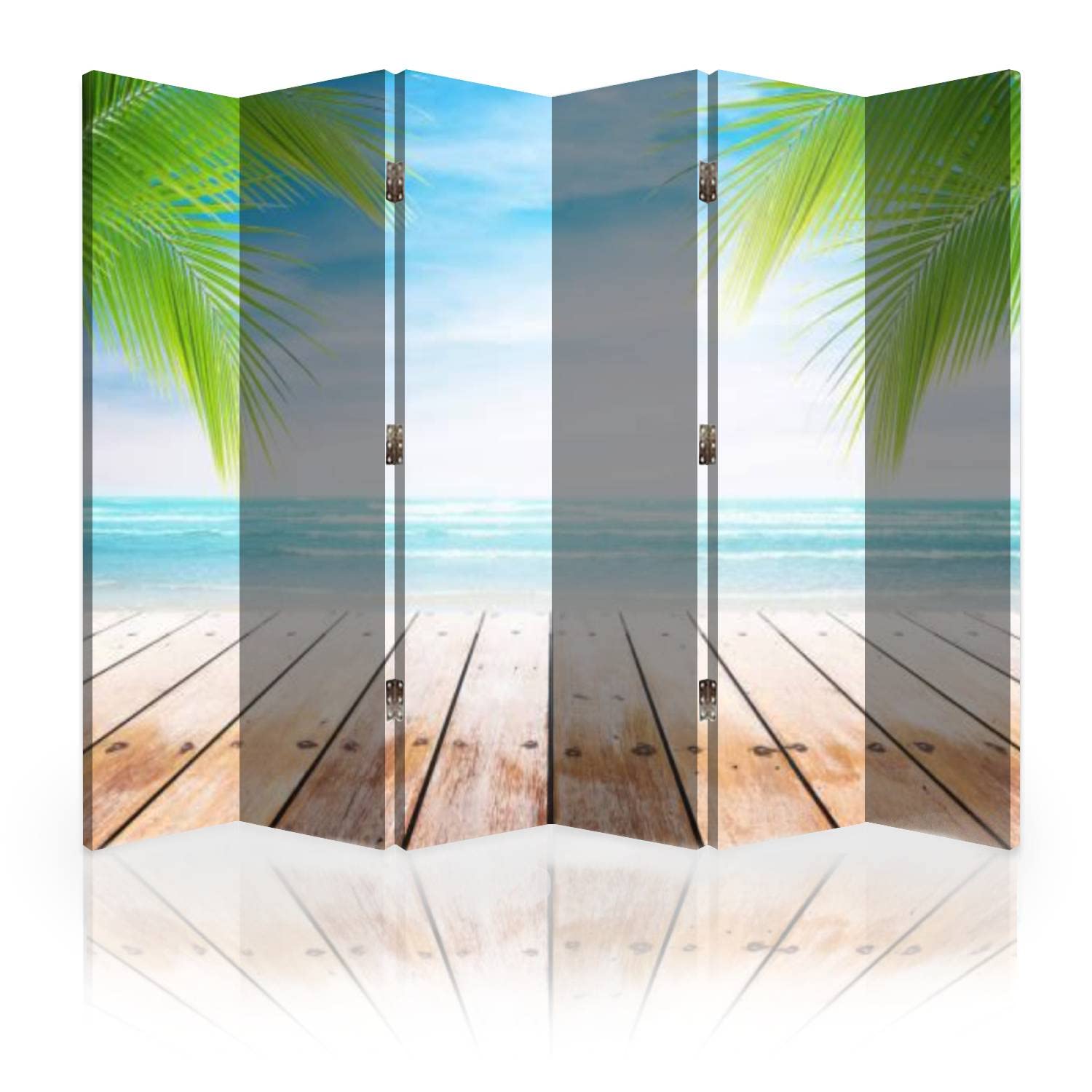 Vintage Wooden Canvas Room Divider - 6 Panel Folding Privacy Screen for Home Office, Bedroom & Beach House Decor | Portable Partition Wall for Indoor & Outdoor Use