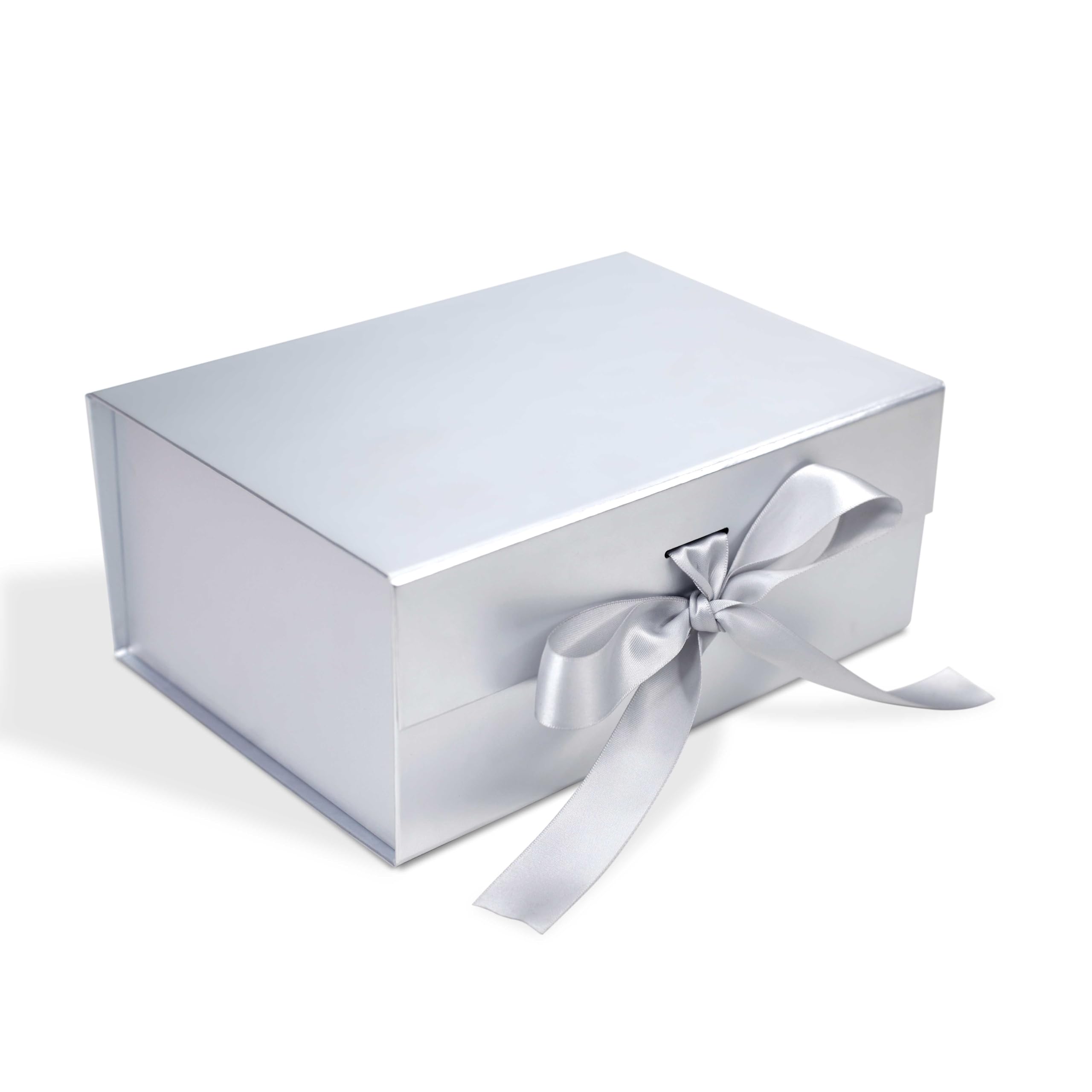 Premium Matte Silver Luxury Gift Box - 23x16x10cm Rigid Foldable Packaging Box with Matching Ribbon for Jewelry, Watches & Luxury Gifts | Holds up to 5kg | Elegant Wedding, Anniversary & Corporate Gift Packaging Solution