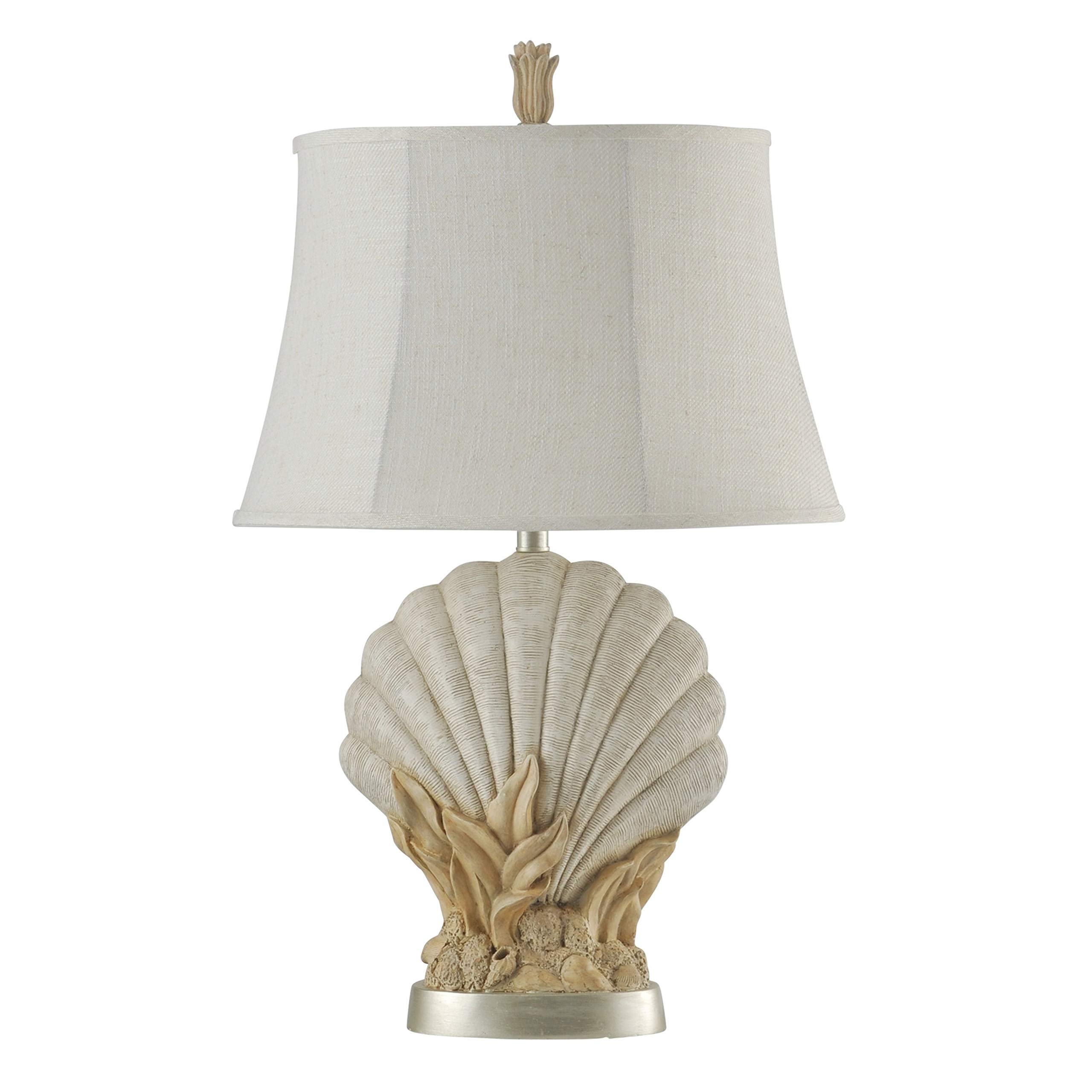 White Beach Sandstone Table Lamp with Softback Fabric Shade - Coastal & Transitional Home Decor for Living Room, Bedroom, or Office
