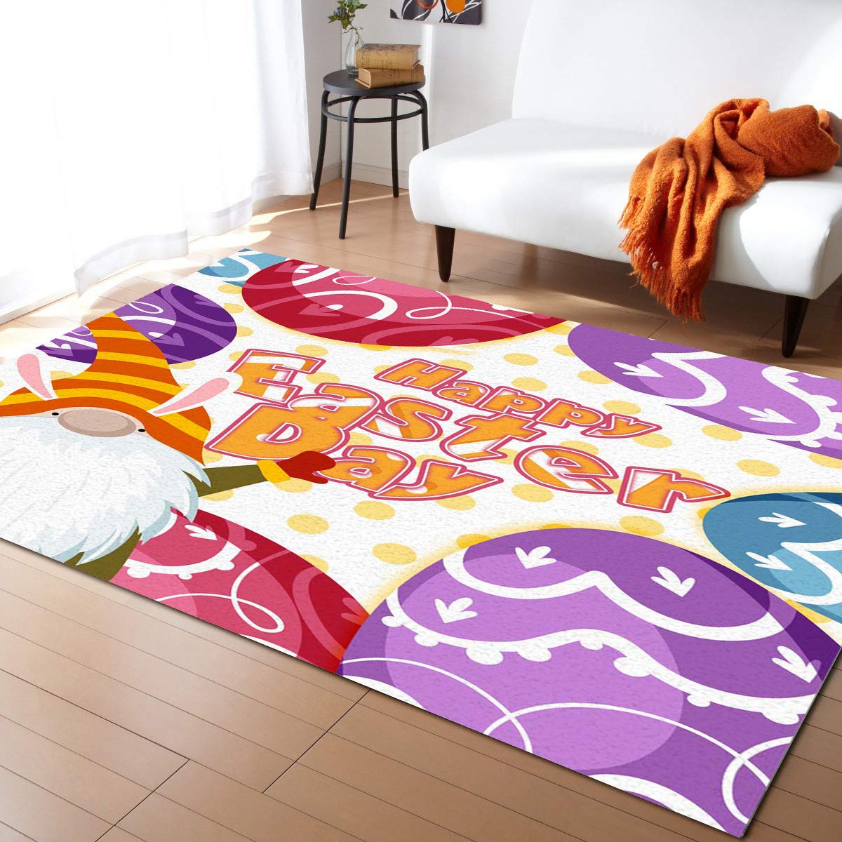 Edwiinsa 4x6 Feet Large Rectangle Area Rug - Easter Gnomes & Egg Hunting Design with Polka Dot Background, Non-Woven Cushioned Plush Carpet for Living Room, Bedroom, Nursery | Soft & Durable Indoor Home Decor