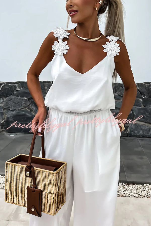 Solid Color Embroidered Flower Suspenders Casual Loose Jumpsuit for Women | Summer Boho Romper | Outdoor Music Festival & Beach Vacation Outfit