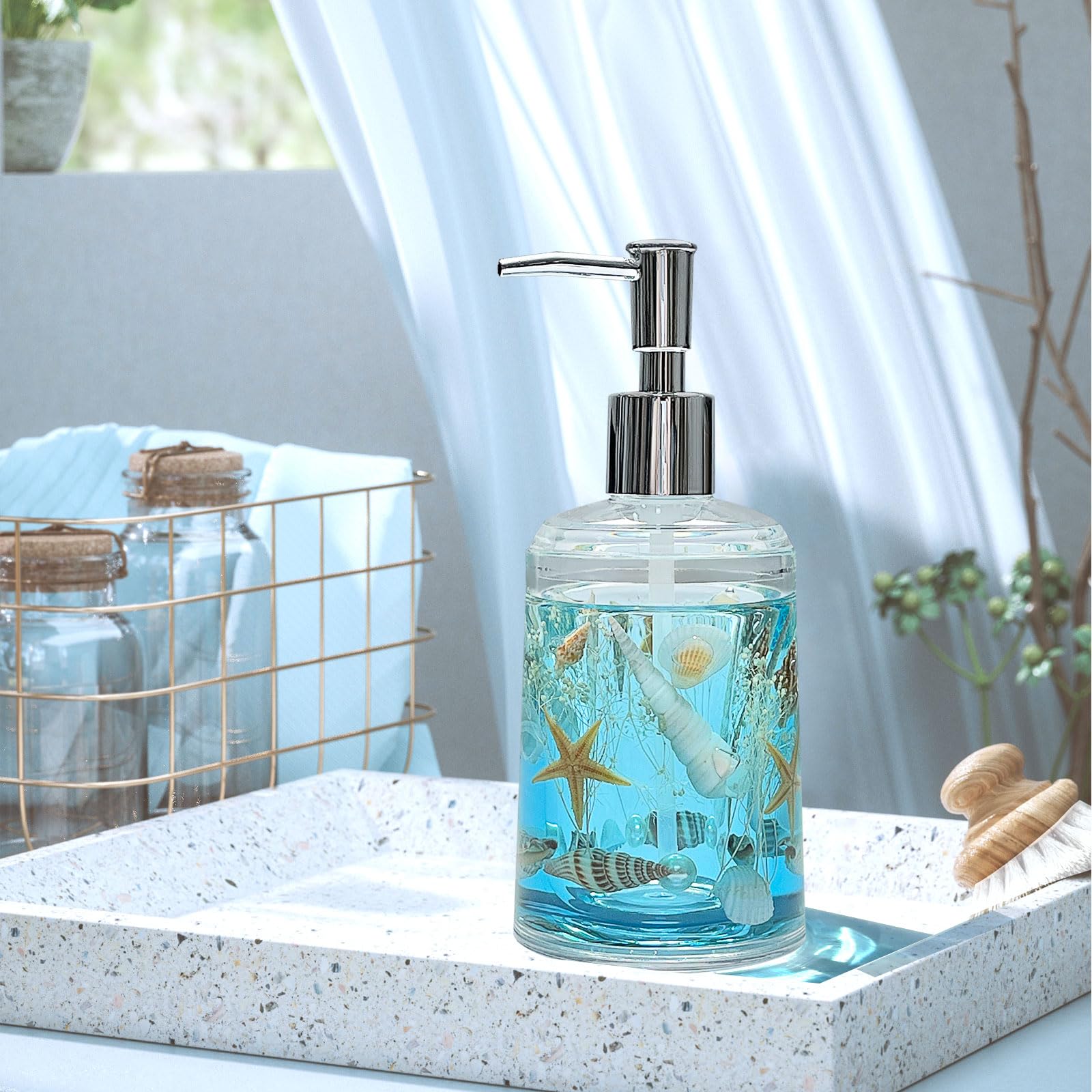 FONMY Acrylic Soap Dispenser with Pump - Handmade Seashell Design for Bathroom & Kitchen - Refillable for Liquid Soap, Dish Soap & Lotion (Blue) | Perfect for Coastal Decor, Spa Bathrooms & Farmhouse Kitchens