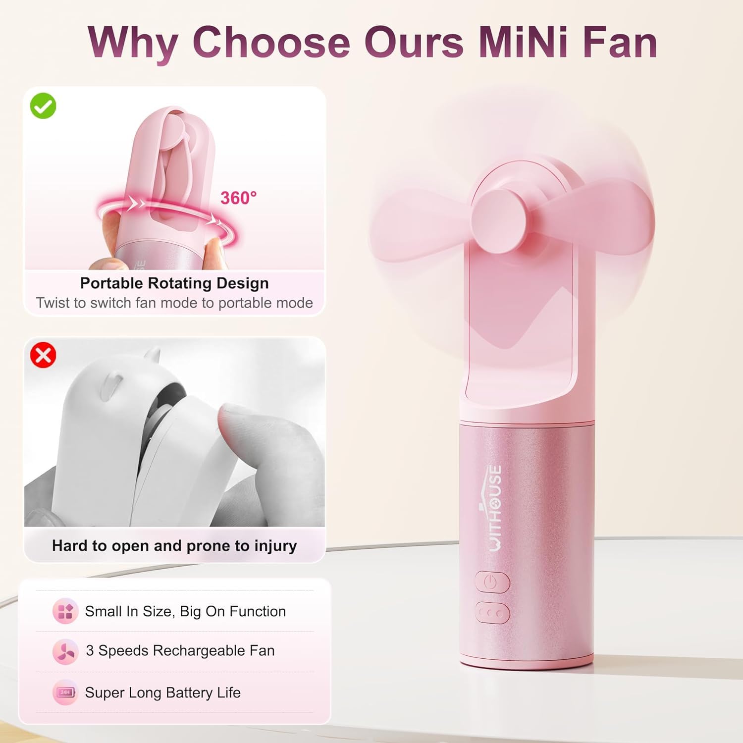 Portable 4-in-1 Rechargeable USB Mini Fan - Handheld Personal Desk Fan with Power Bank, Hand Warmer & Flashlight for Travel, Camping, Office, Home & Outdoor Activities