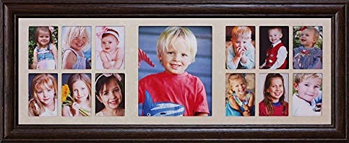 Elegant 7x20 13-Opening Portrait Collage Picture Frame with Laser-Cut Cream Marble Matboard - Walnut Finish | Perfect for Family Photos, Wedding Memories & Wall Decor