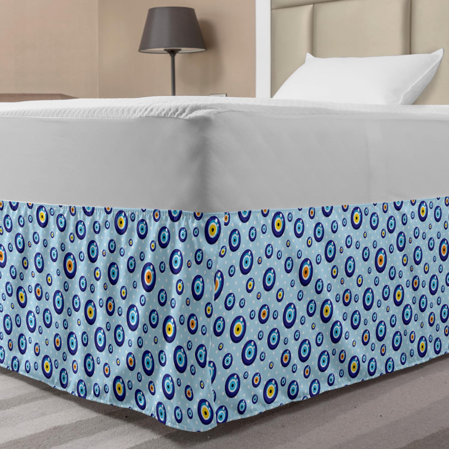 Ambesonne Evil Eye Elastic Bed Skirt - Traditional Protection Design on Dotted Backdrop, Wrap Around Fabric Bedskirt Dust Ruffle for Twin/Twin XL Beds, Multicolor - Perfect for Bedroom Decor & Cultural Celebration Themes
