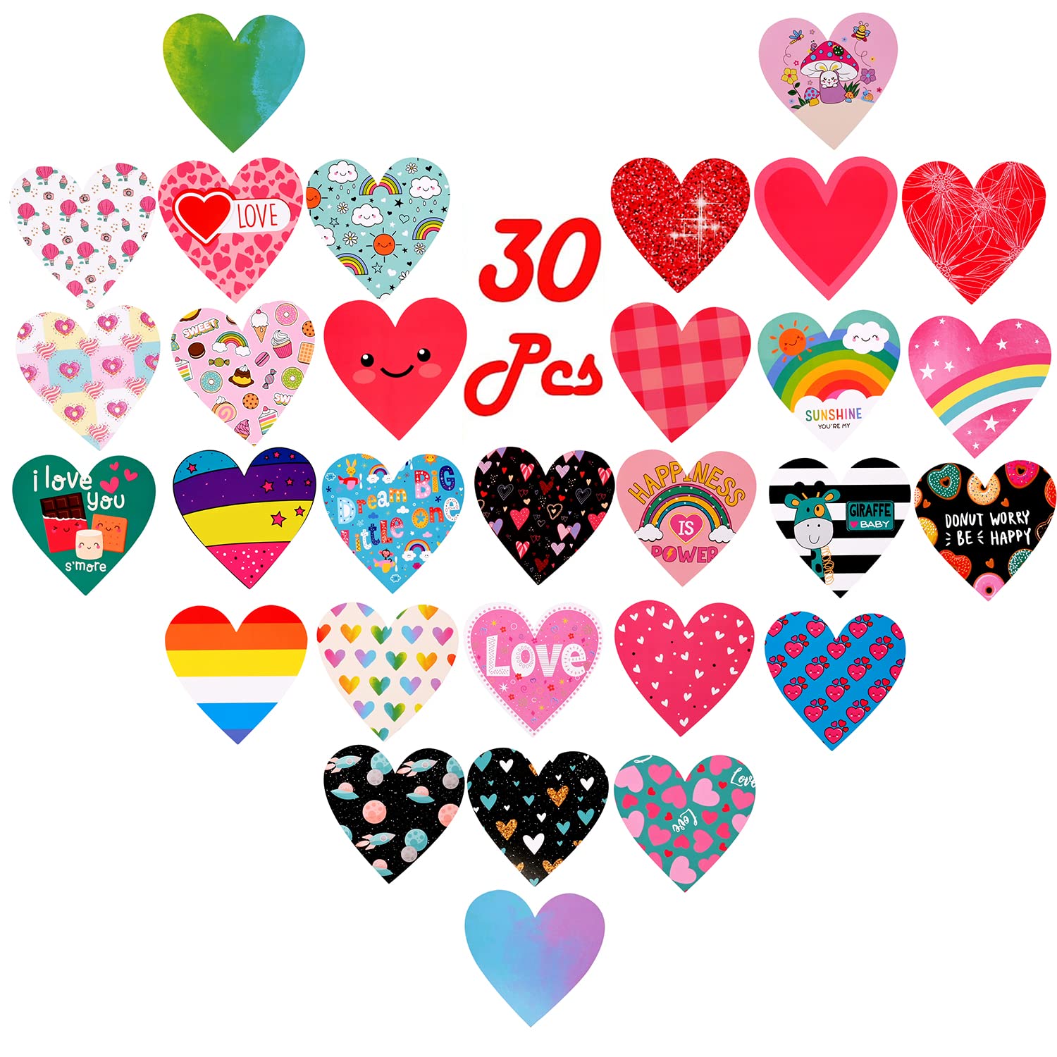 Yookee Home 30Pcs Lunch Box Notes - 3.54x3.54 Inch Cute Positive Affirmation Cards with Inspirational Messages for Kids, Boys, Girls & Teens - Heart Shaped Motivational Notes for School, Work & Daily Encouragement