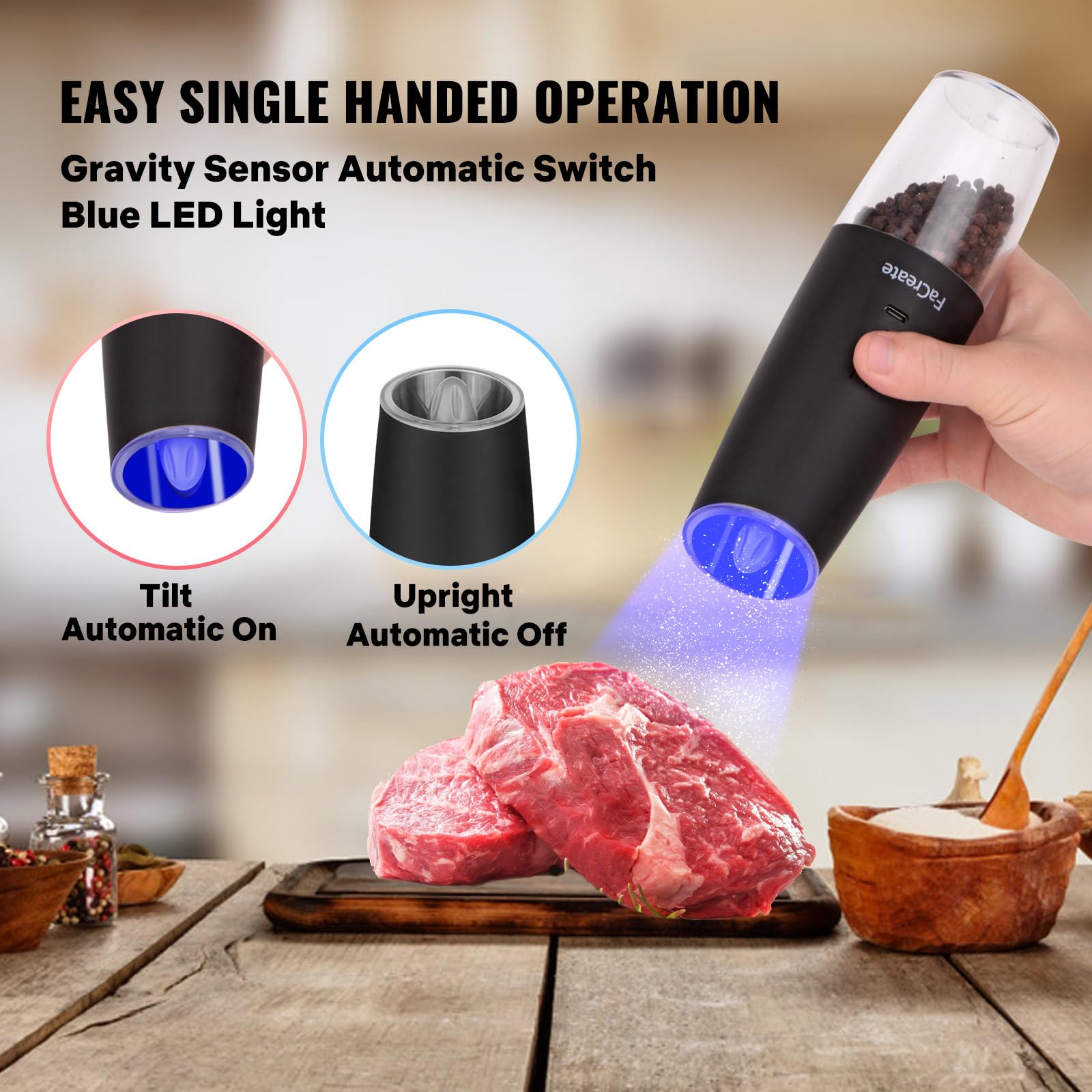 UPGRADED USB Rechargeable Electric Salt and Pepper Grinder Set - Battery Powered Automatic Mill with Adjustable Coarseness & LED Light - 2 Pack Black for Kitchen, Dining Table, Camping & Gifts