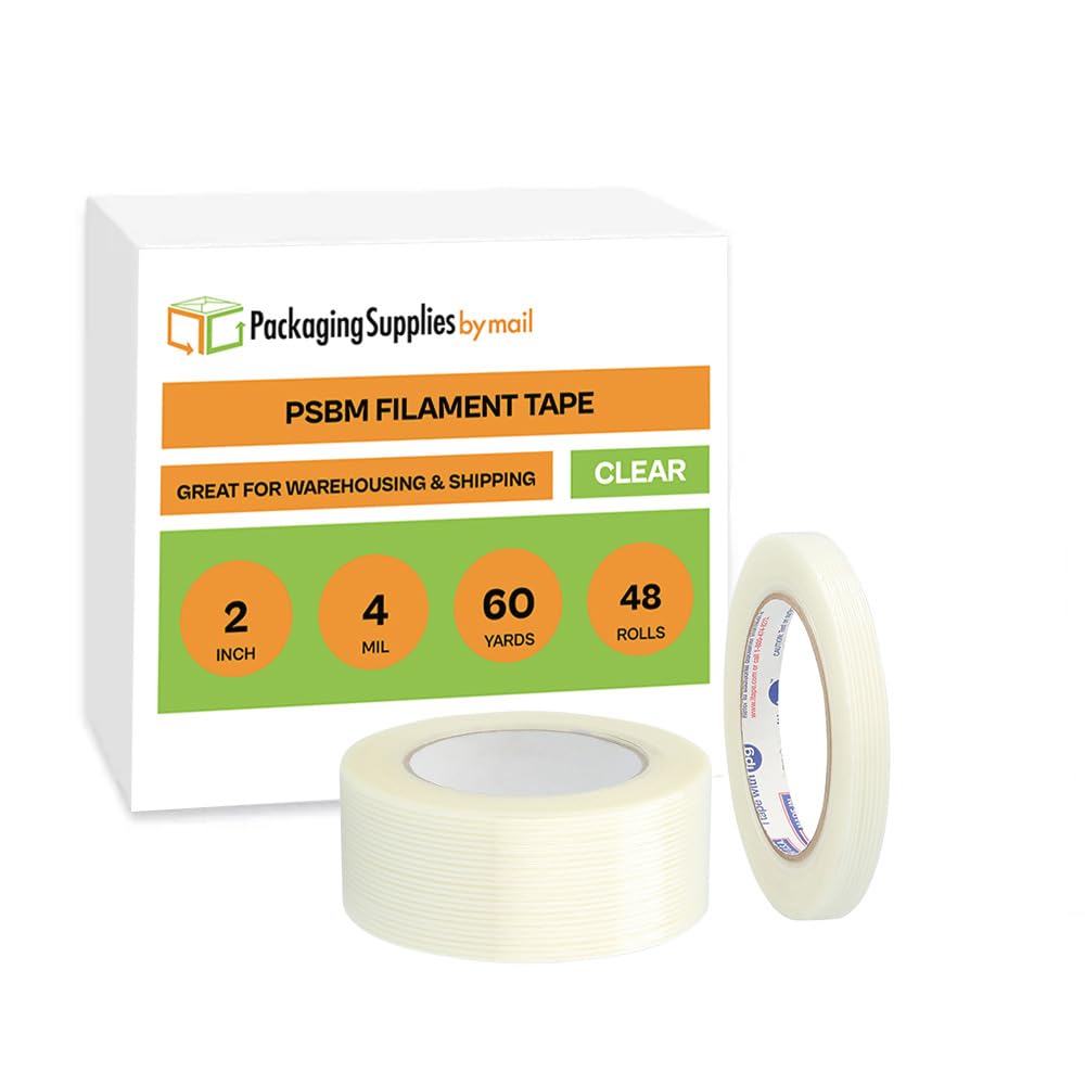 PSBM Filament Tape - 2 Inch x 60 Yards, 48 Pack - Heavy Duty Fiberglass Strapping Tape for Palletizing, Bundling & Reinforcement - Ideal for Shipping, Warehouse & Industrial Packaging
