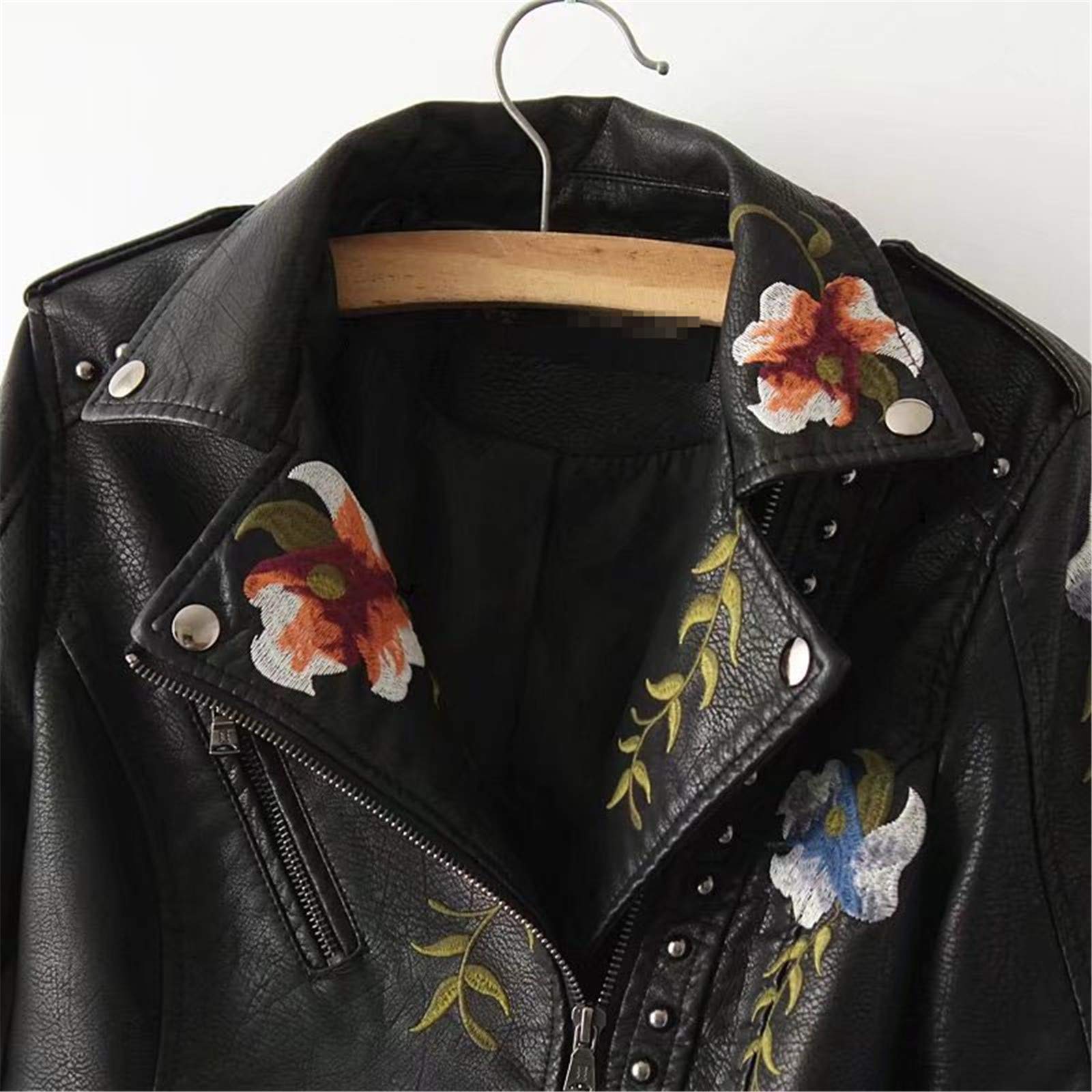 Stylish Autumn Flower Embroidery PU Leather Jacket for Women - Slim Fit Short Motorcycle Biker Jacket with Rivet Details | Perfect for Casual Outings, Bike Rides & Fall Fashion