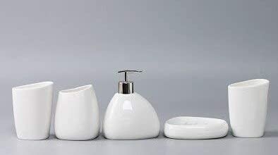 Premium White Ceramic Bathroom Accessories Set - 5-Piece Modern Bathroom Decor for Sink Countertop, Includes Soap Dispenser, Toothbrush Holder & More - Perfect for Home, Hotel, Spa & Guest Bathroom Decor