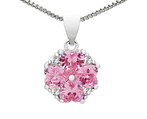 925 Sterling Silver Four Leaf Clover Pendant Necklace for Women with Pink CZ Stones & 18