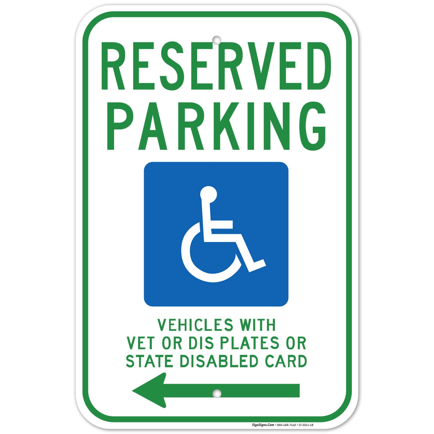 Wisconsin Handicap Parking Sign - Reserved Parking for Vehicles with Vet Plates or State Disabled Card - Left Arrow Design - 12x18 Inches - Rust-Free .063 Aluminum - Fade Resistant - Made in USA - Perfect for ADA Compliant Parking Spaces, Hospitals, and Public Facilities