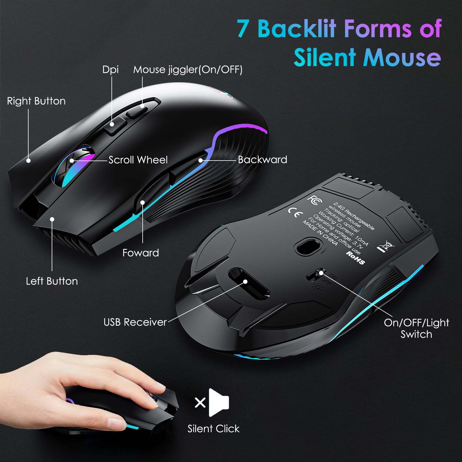 2.4G Wireless Keyboard and Mouse Combo - Rechargeable Ergonomic Wireless Keyboard with 7-Color Backlit, Phone Stand & Volume Control for Mac/Windows PC/Laptop - Perfect for Office, Gaming & Home Use