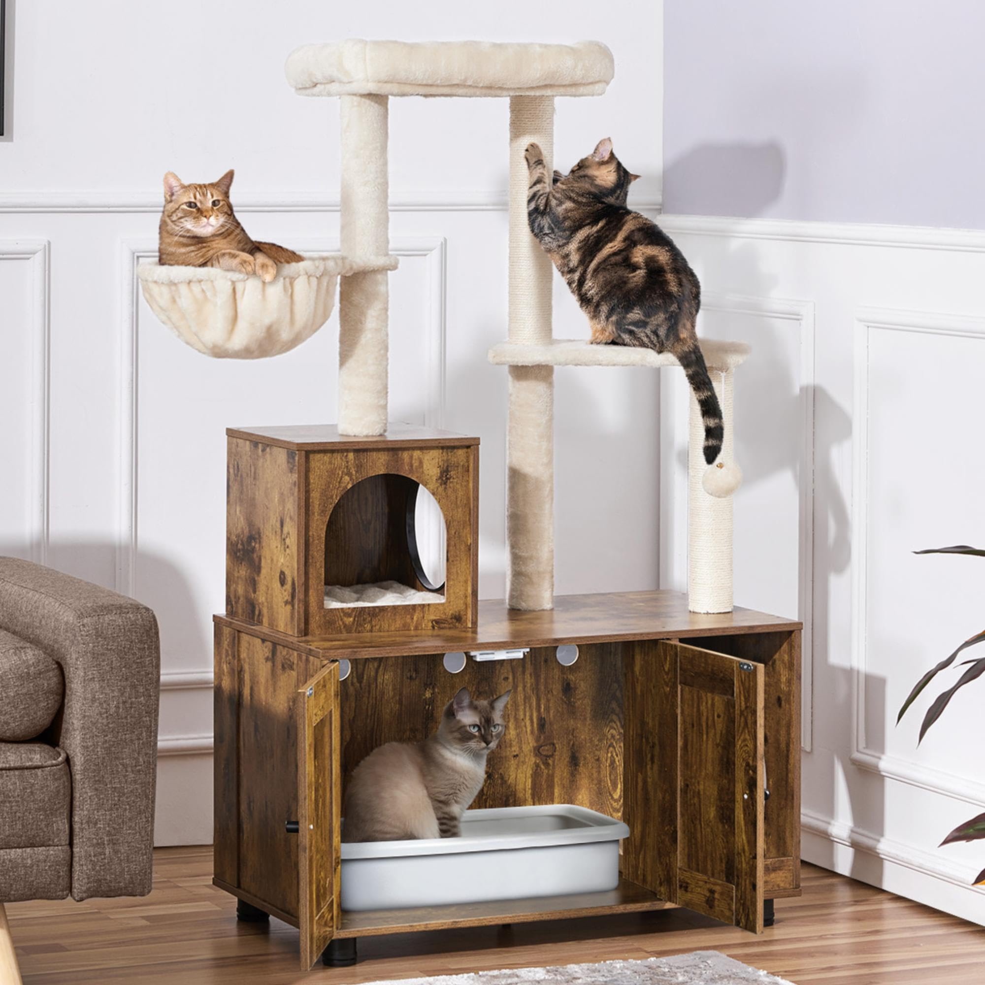 Yaheetech Wooden Cat Litter Box Enclosure with Cat Tree - All-in-One Indoor Kitten House with Scratching Posts, Condo & Platform - Rustic Brown/Beige - Perfect for Small Spaces, Apartments & Multi-Cat Homes