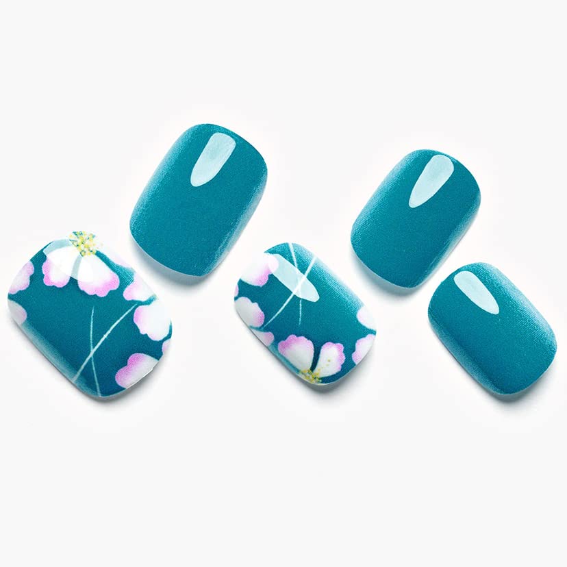 GLAMERMAID 24Pcs Short Squoval Press on Nails - Spring Peacock Blue Floral Design with Blossom Gel Glue | Reusable UV Glossy Acrylic Fake Nails for Women | Perfect for Parties, Weddings & Everyday Manicure