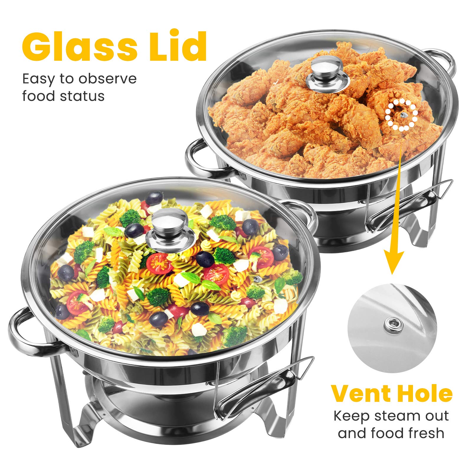 2-Pack Stainless Steel Chafing Dish Buffet Set with Glass Lids & Holders - 4-Quart Round Food Warmers for Catering, Weddings, Parties & Events - Perfect for Buffet Serving, Banquets, and Keeping Food Hot at Receptions