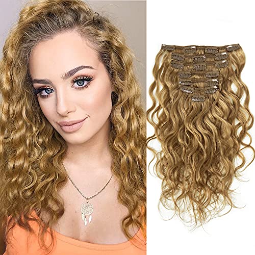 Lacehair 22Inch 7Pcs Clip-in Human Hair Extensions - Natural Curly Remy Hair for Black Women, Honey Blonde #27, 120g Thick Ends | Perfect for Daily Styling, Parties & Special Occasions