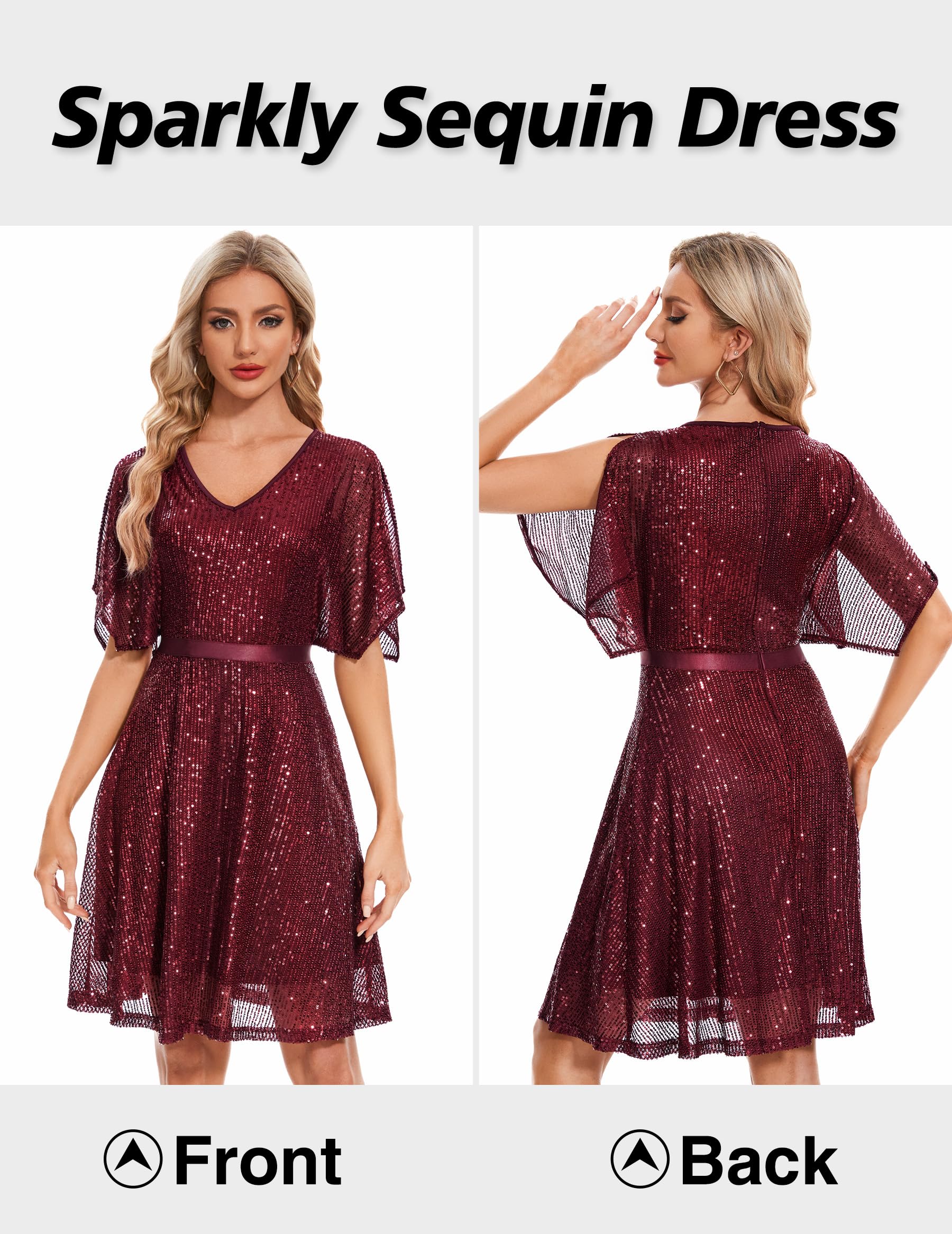 Wedtrend Women's Sparkly Sequin Cocktail Dress with Bat Sleeves - Glitter Party Club Dress for Night Out, Holiday Party, and Special Occasions