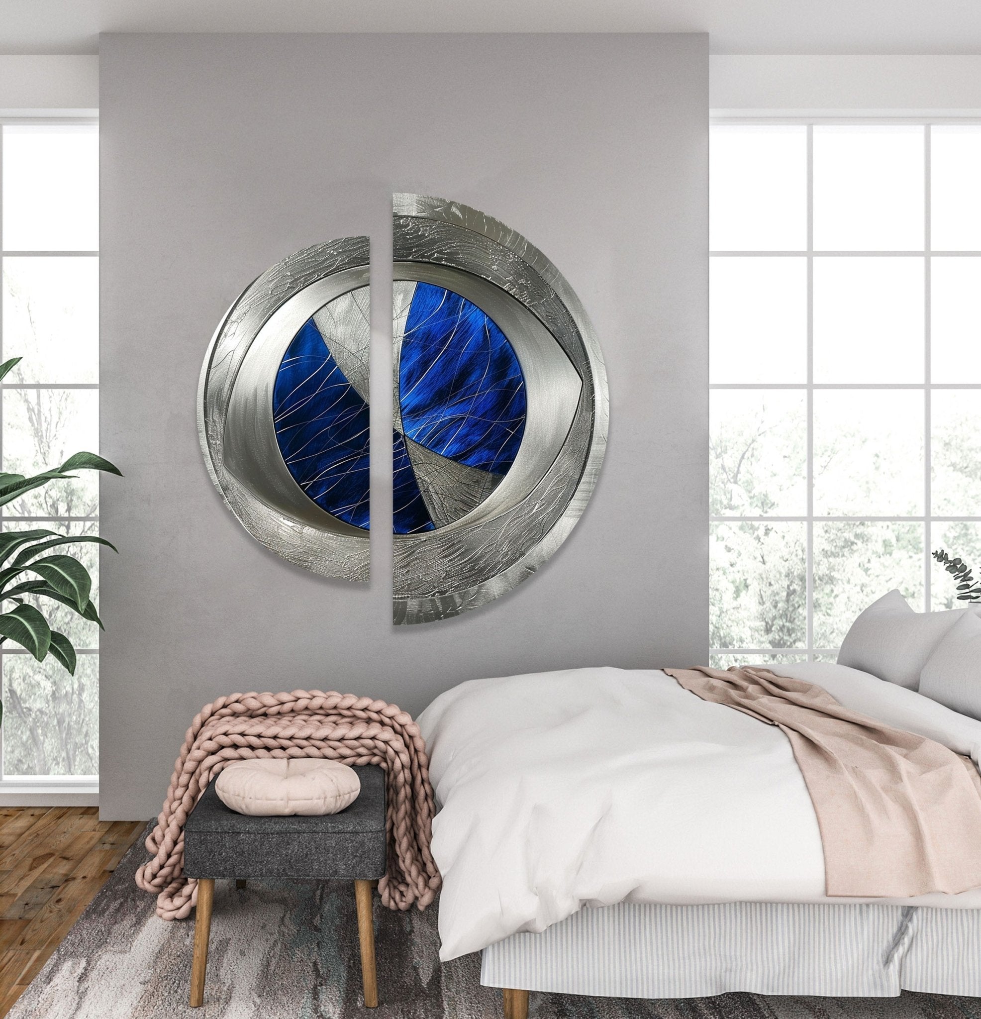 2 Piece Abstract Silver Blue Glass Wall Art Set - Modern Home Decor for Living Room, Bedroom, Office | Handmade Glass Wall Hangings for Unique Interior Design