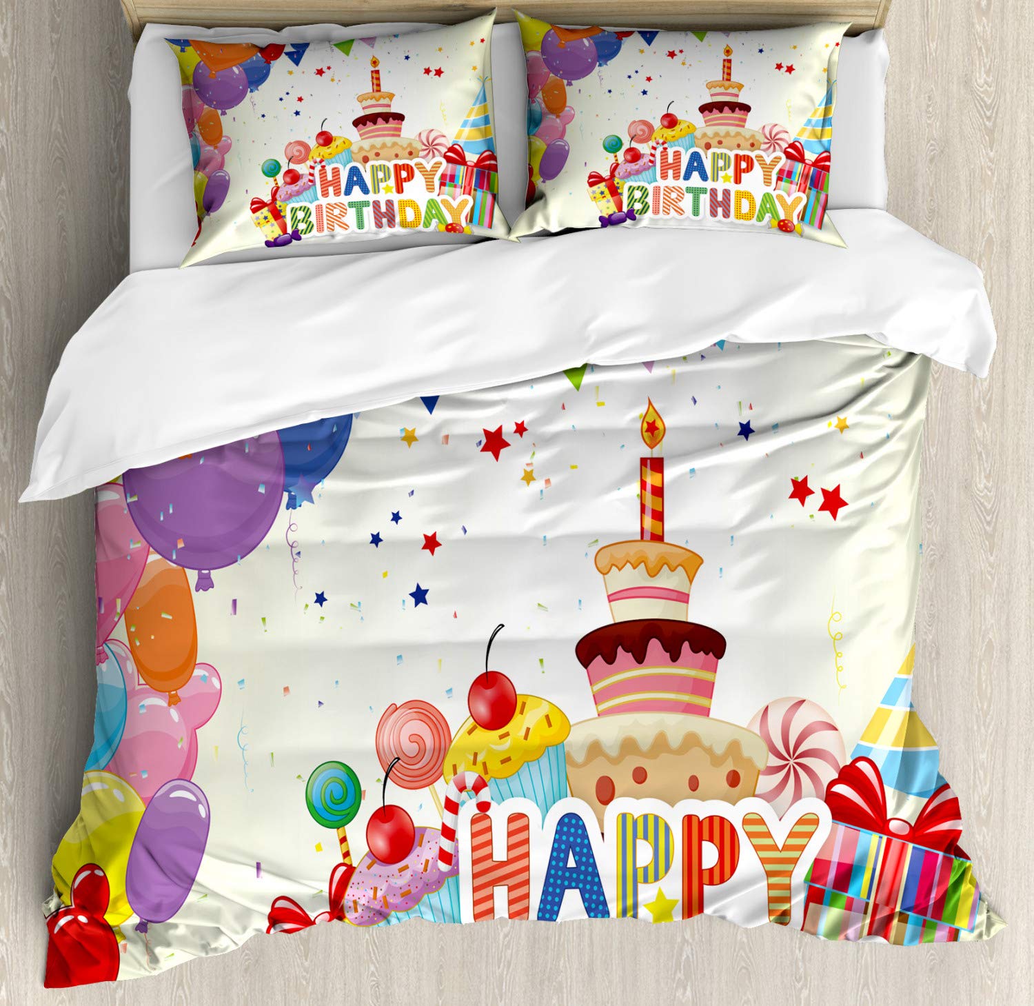 Ambesonne Birthday Duvet Cover Set - Heart Balloons, Cupcakes & Party Hats Design - 3 Piece California King Bedding Set with 2 Pillow Shams - Vibrant Multicolor for Kids & Teens Bedroom Decor - Perfect for Birthday Parties, Sleepovers & Gift Giving
