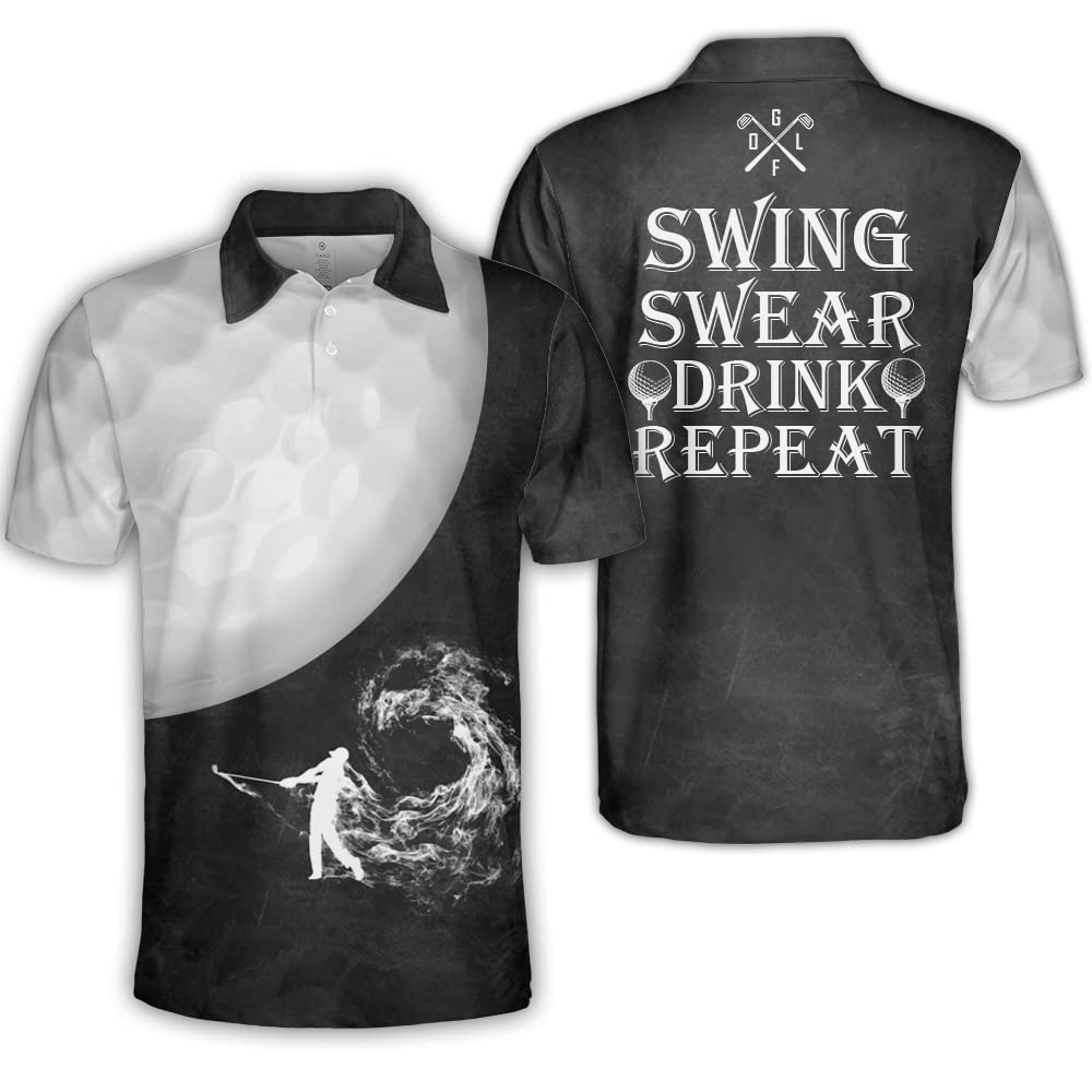 Polomore Men's Versatile Golf Polo Shirts - Breathable Short Sleeve Performance Shirt with Unique Golf Ball & Golfer Smoke Design - Perfect for Golf Tournaments, Casual Wear & Father's Day Gifts
