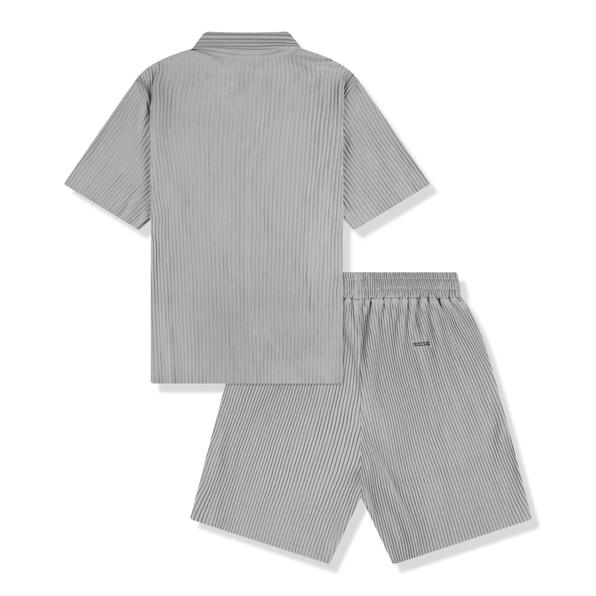 Belier Pleated Light Grey Resort Shirt & Shorts Set - Stylish Summer Vacation Outfit for Men, Beachwear, Tropical Holiday, Poolside Lounge & Casual Wear