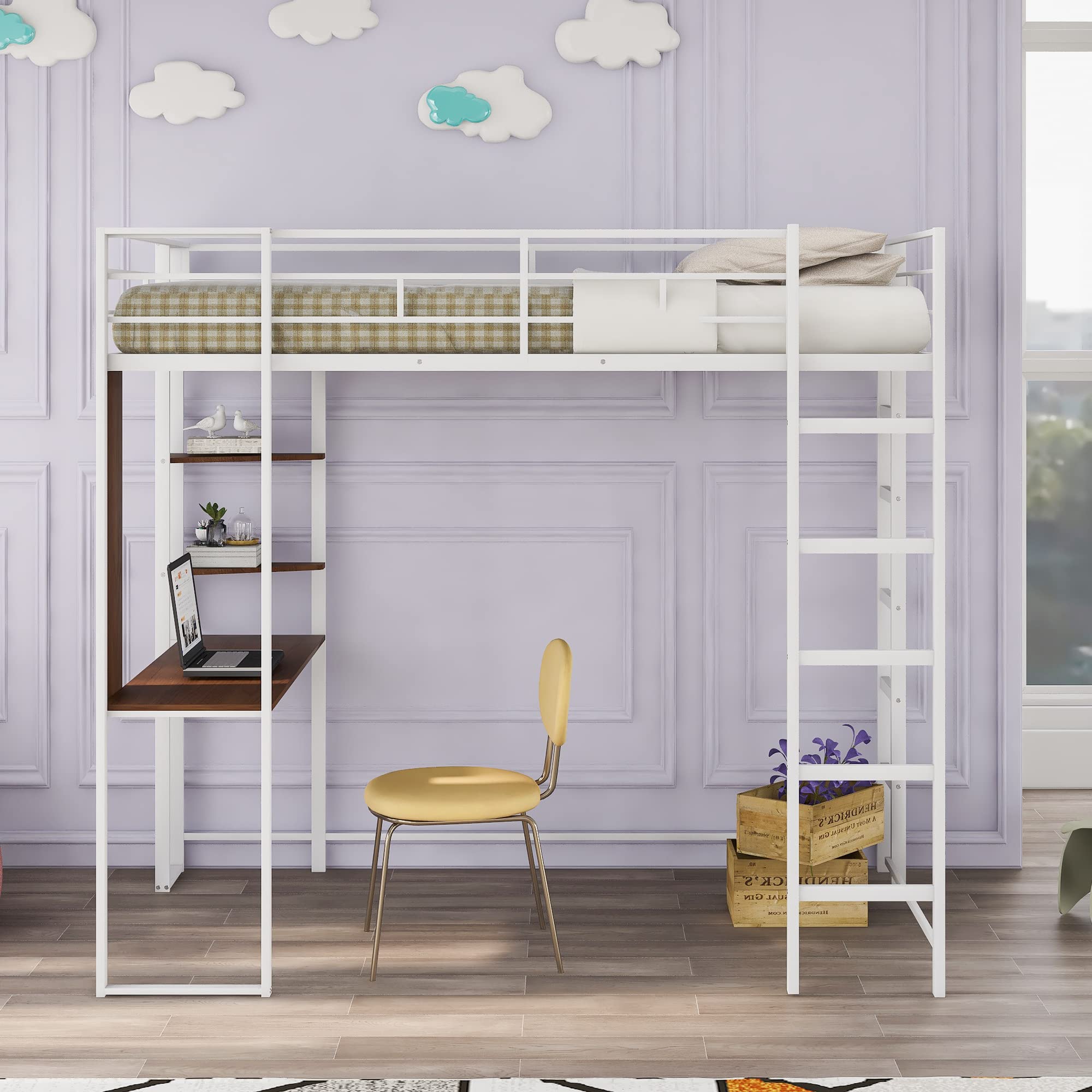 Metal Loft Bed with Desk & Shelves - Twin Size Study Bed Frame with Safety Guard Rails & Ladder - Space Saving Kids Furniture with Under-Bed Storage - Perfect for Small Bedrooms & Dorm Rooms (White)