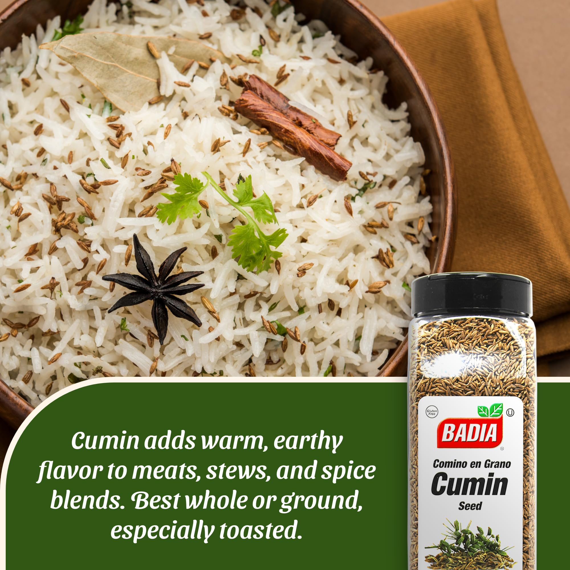 Badia Cumin Seeds 16 oz - Whole Cumin Seeds for Cooking, Spice Blends & Seasonings | Aromatic Flavor for Mexican, Indian & Middle Eastern Cuisine | Perfect for Tacos, Curries & Hummus