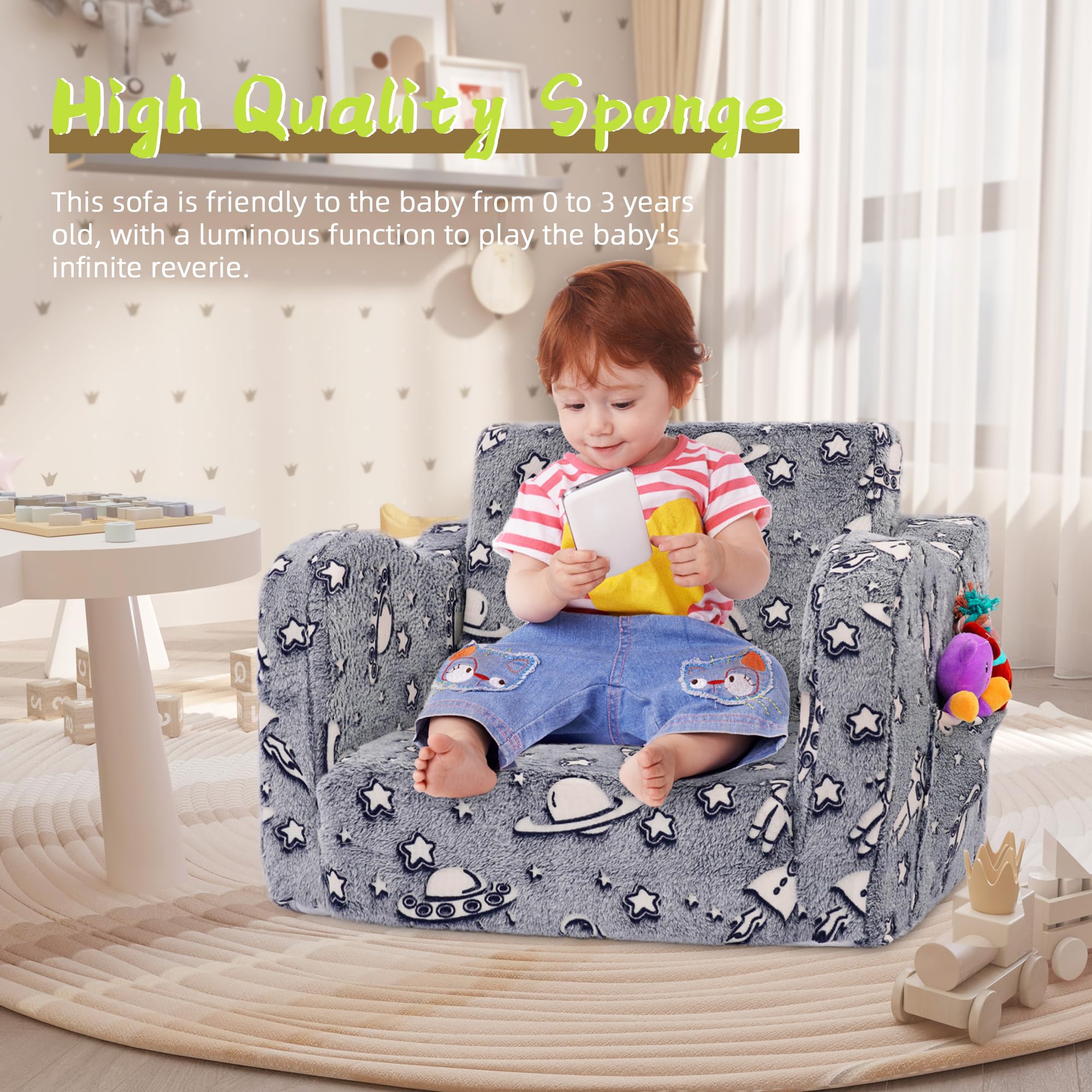 2-in-1 Glow in The Dark Toddler Couch Bed - Convertible Sofa to Lounger for Boys & Girls | Foldable Kids Furniture for Playroom, Nursery & Bedtime Reading