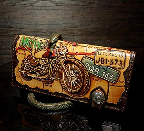 Handcrafted 3D Genuine Leather Wallet for Men - Long Biker Wallet with Hand-Carved & Hand-Painted Designs - Custom Personalized Route 66 & American Flag Leather Wallet - Perfect for Motorcycle Riders, Travelers & Gift Giving