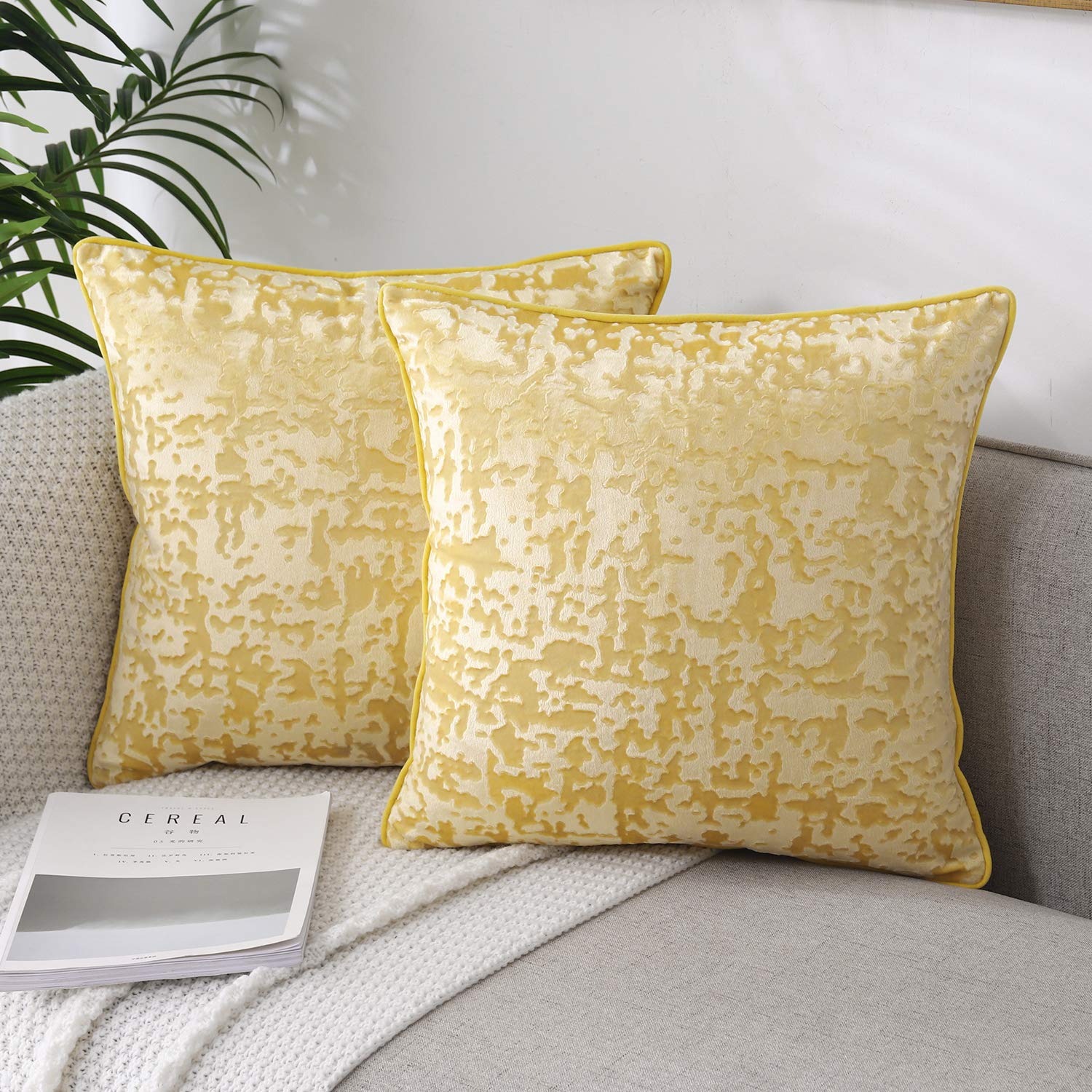 NianEr Soft Velvet Decorative Throw Pillow Covers Set of 2 - 20x20 Inch Square Cushion Covers for Sofa, Bed, Living Room - Yellow Accent Pillows for Home Decor & Cozy Comfort