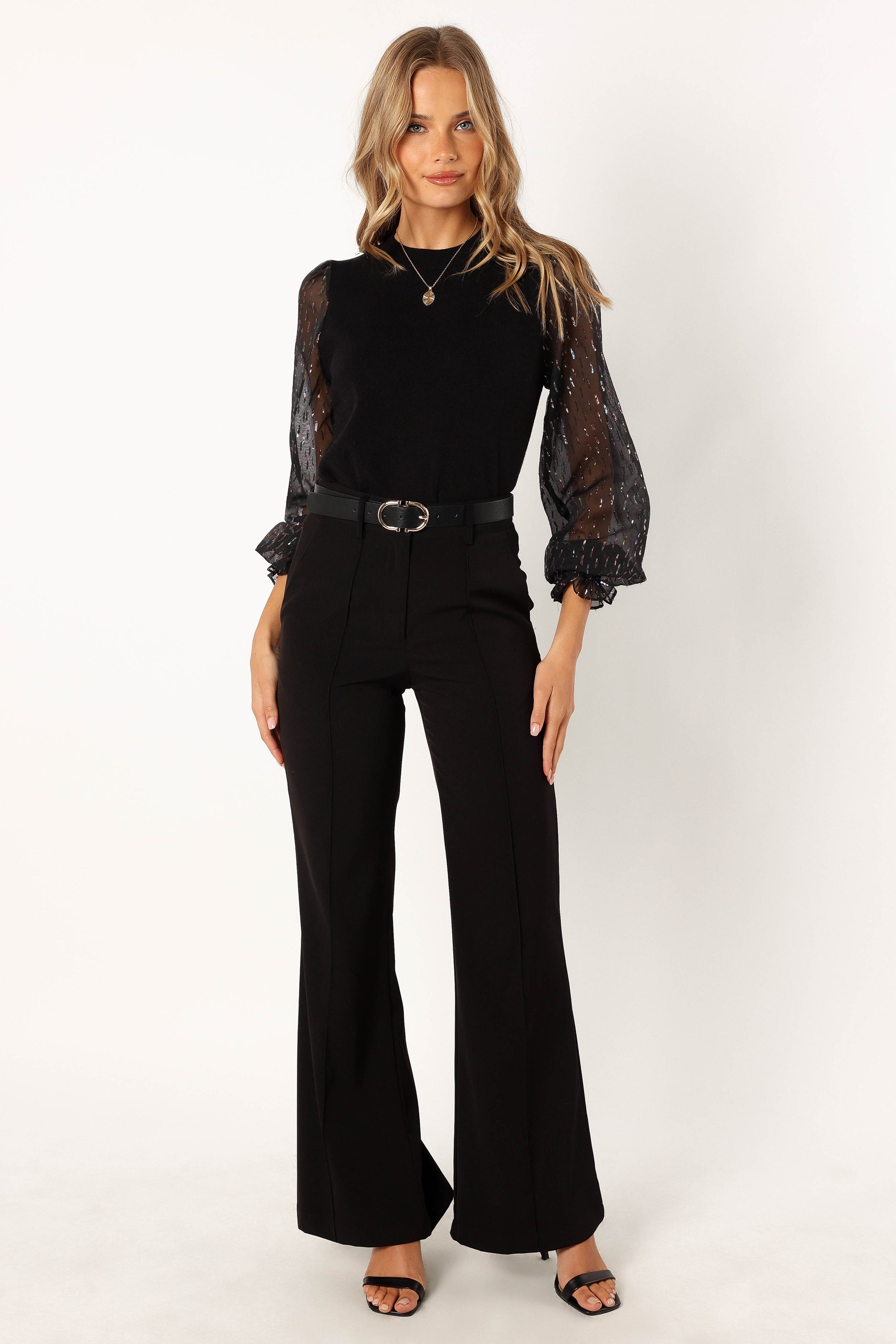 Callie Contrast Chiffon Sleeve Knit Sweater for Women - Soft Black Pullover with Flowy Sleeves - Perfect for Fall Fashion, Date Nights & Office Wear
