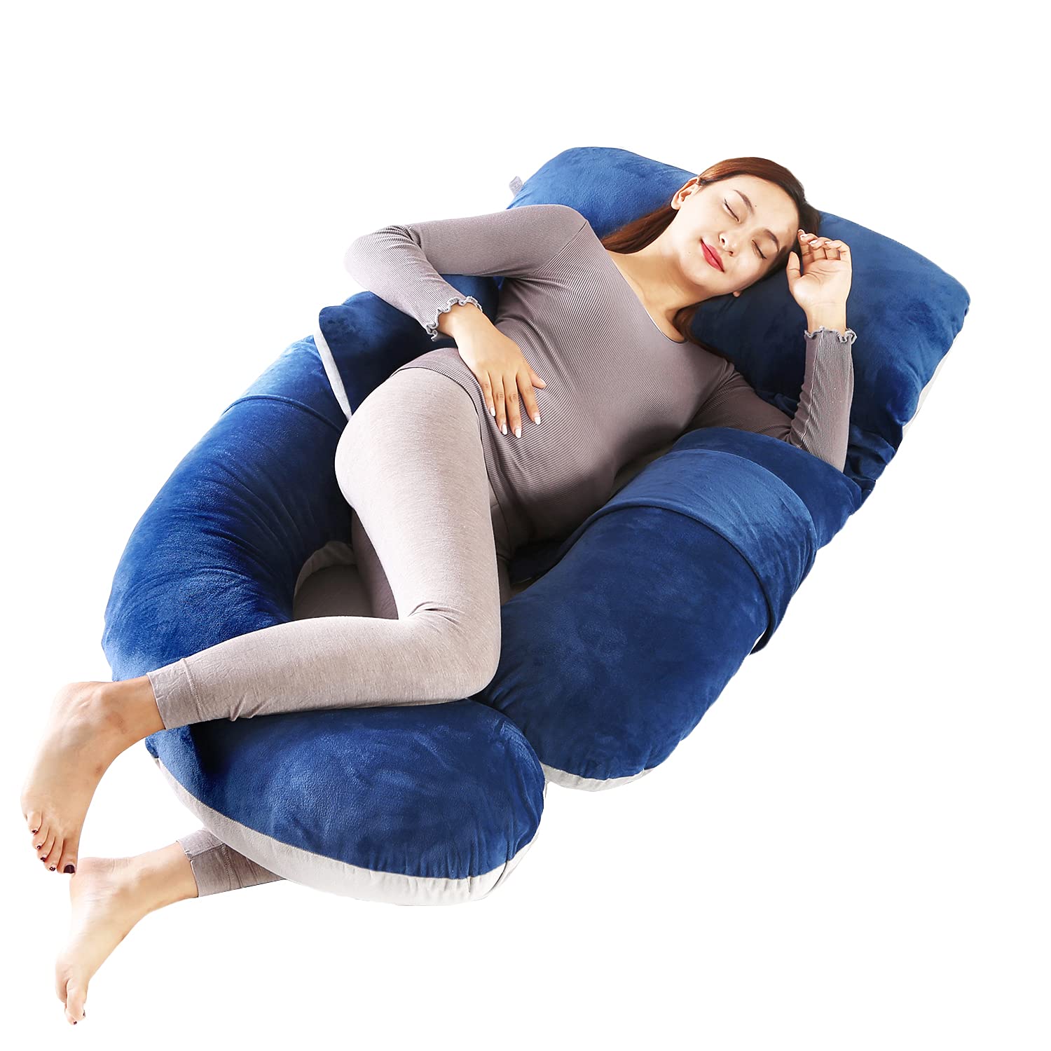 60inch Extra Large U-Shaped Pregnancy Pillow - Detachable Maternity Body Pillow for Back, Belly & Hip Support with Soft Velvet Cover (Blue Grey) | Ideal for Comfortable Sleeping During Pregnancy & Postpartum Recovery