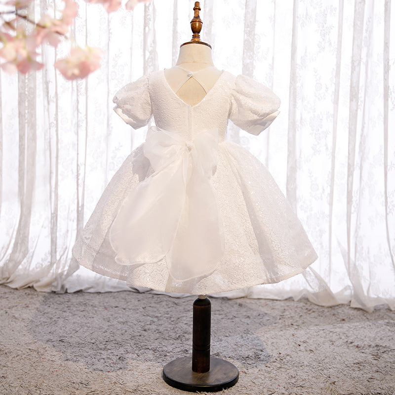 White Princess Christening Dress for Baby Girls - Sparkling Sequins & Puffy Sleeves Baptism Gown | Perfect for Church Ceremonies, First Communion & Special Occasions