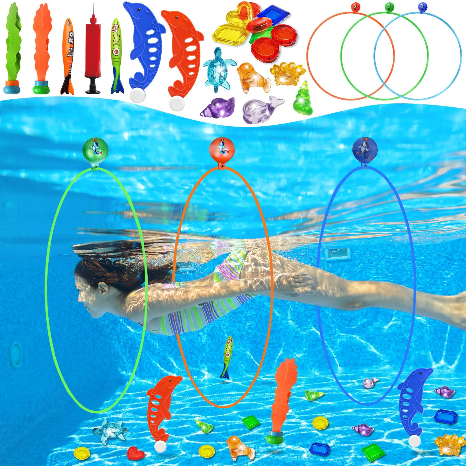 Jasonwell 26PCS Pool Diving Toys Set - Swimming Thru Rings, Underwater Treasures & Torpedo Bandits for Kids & Adults | Fun Water Games for Pool Parties, Summer Swim Training & Family Outdoor Activities