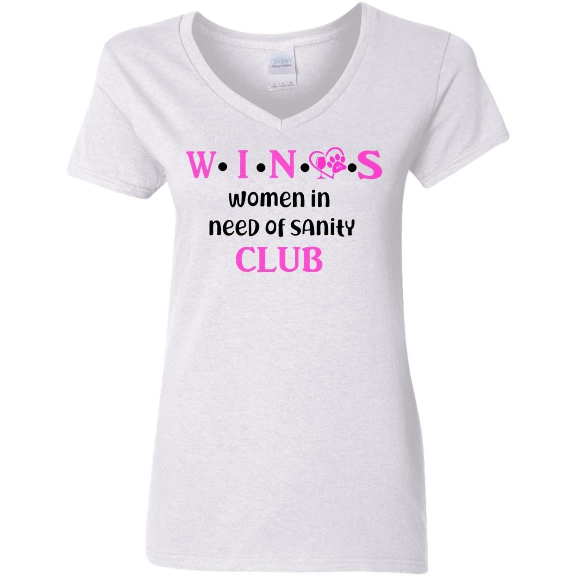 WineyBitches.Co WINOS Club Women's 5.3 oz V-Neck T-Shirt with Pink Lettering - Perfect for Wine Tasting, Girls Night Out & Casual Wear