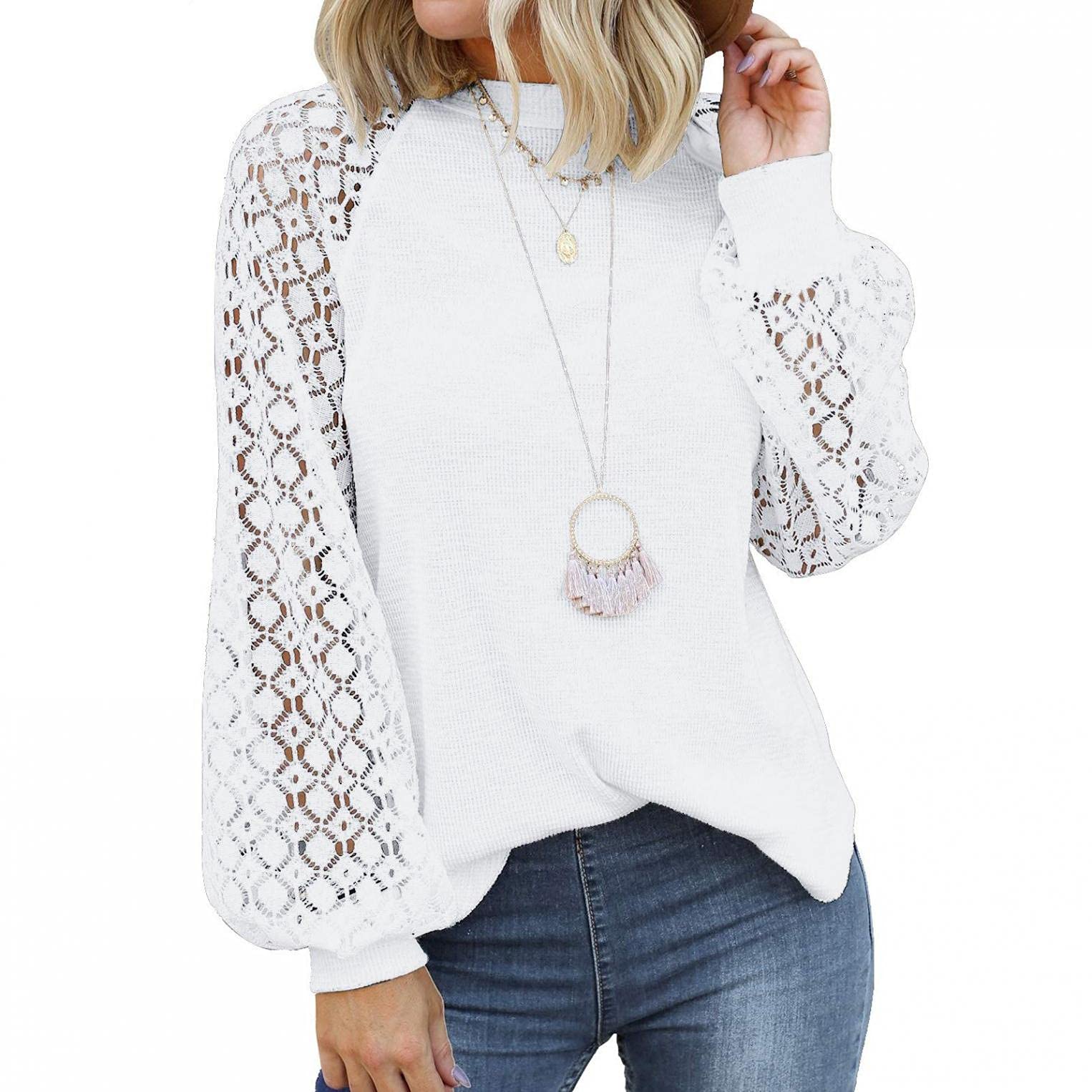 Women's Long Sleeve Casual Crewneck Lace Blouse - Elegant Hollow Out Raglan Tunic Top with Balloon Sleeves | Perfect for Office Wear, Date Nights & Fall Layering