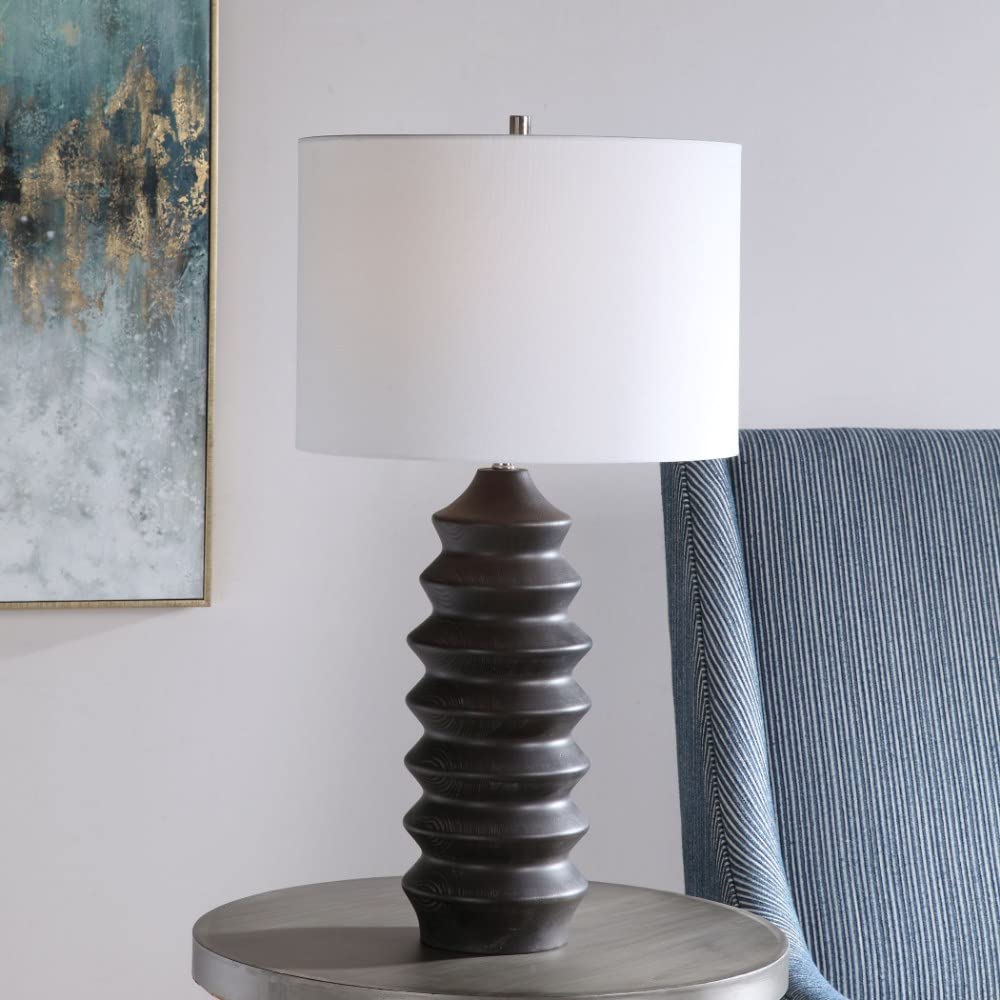 Modern Tall 1-Light Table Lamp with White Linen Round Drum Hardback Shade & 3-Way Switch - Perfect for Living Room, Bedroom, or Office Lighting Decor