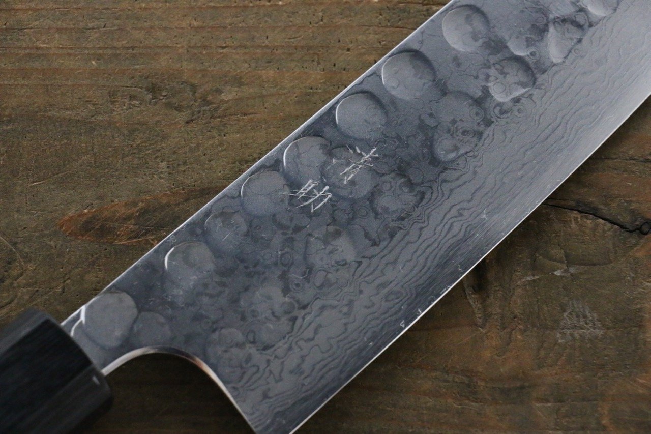 Premium Seisuke Blue Steel No.2 Hammered Damascus Santoku Knife 180mm - Japanese Chef Knife with Shitan Handle - Perfect for Slicing, Dicing & Chopping Vegetables, Meat & Fish
