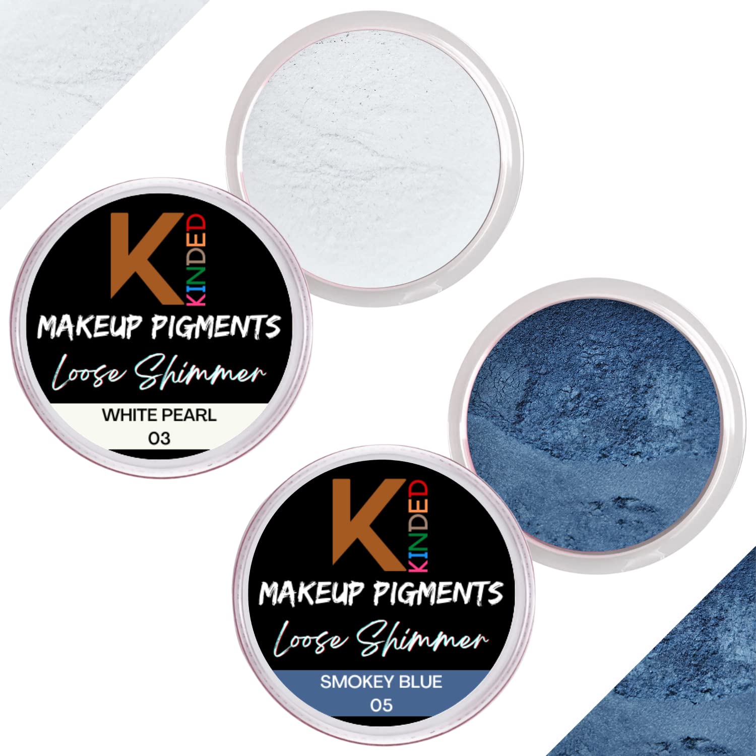 KINDED Loose Shimmer Makeup Foil Pigments - Metallic Glitter Eyeshadow for Women | Smokey Eyes, Face Highlighting & Body Art | Vegan Cosmetic Dust Powder in White Pearl & Smokey Blue (3g Each) | Perfect for Night Out, Festival Makeup & Creative Looks
