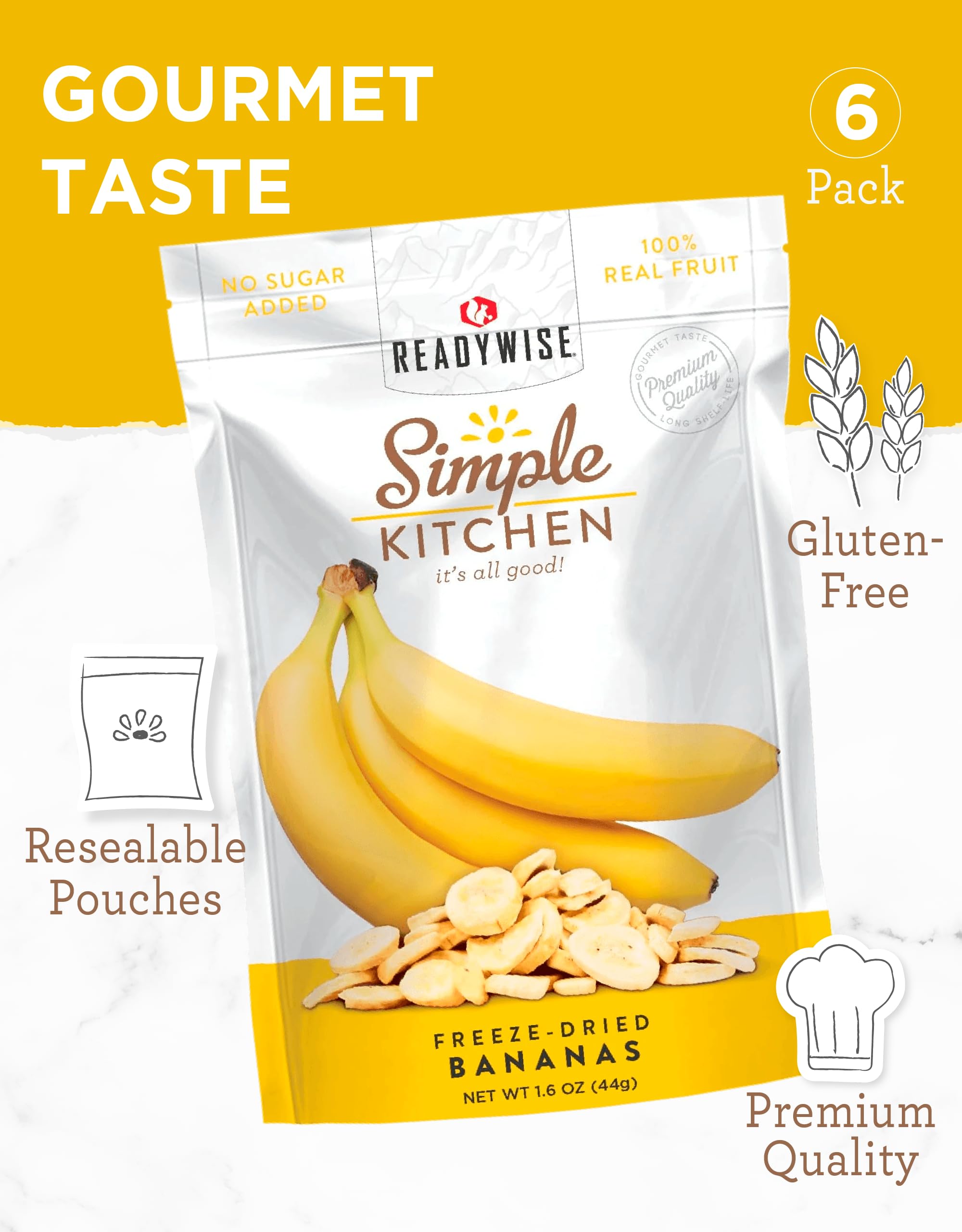 ReadyWise Freeze-Dried Bananas - 24 Servings (Pack of 6) | Gluten Free, Vegetarian Healthy Snacks | Perfect for Pre-Workout, Camping, Backpacking & Emergency Food Storage