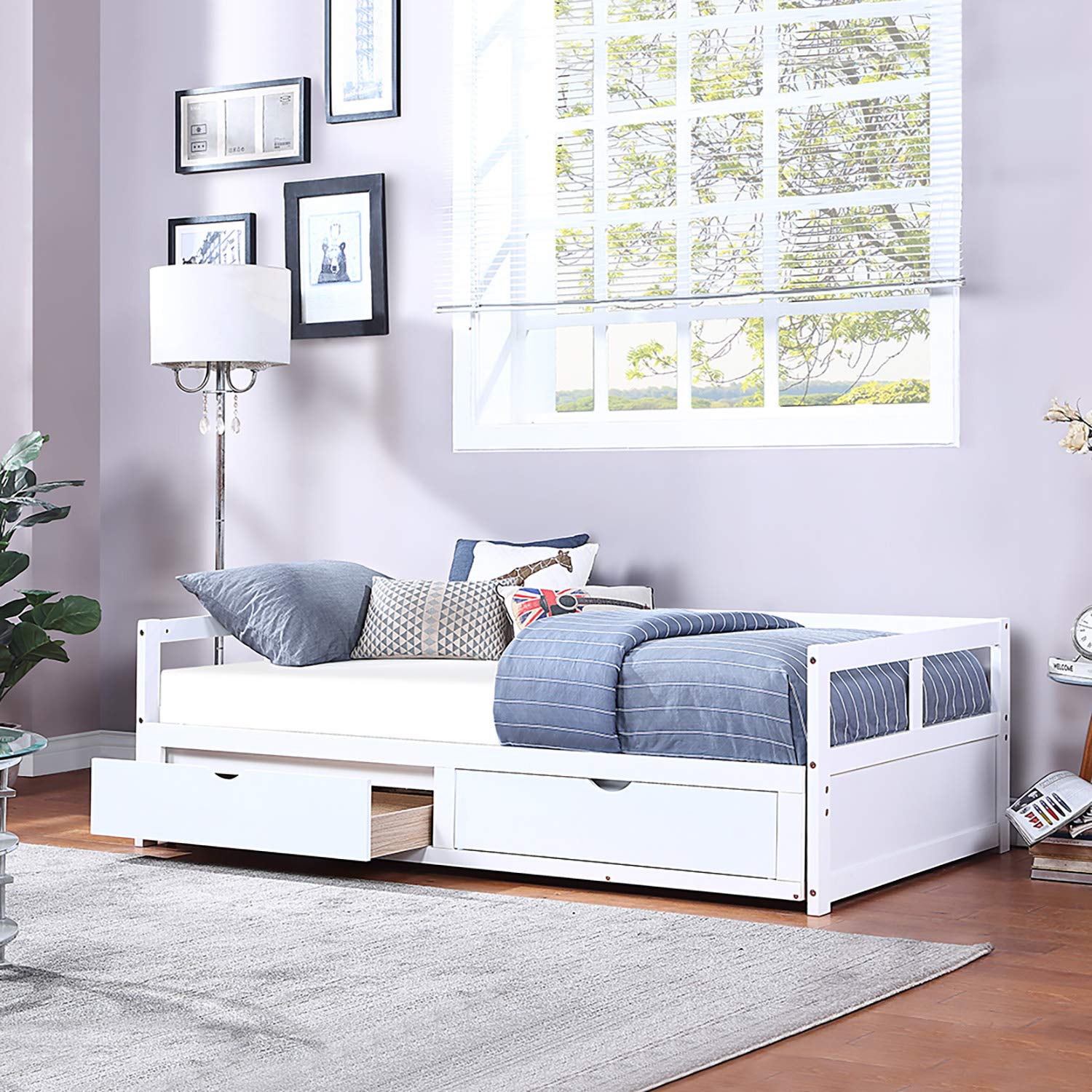 Extendable Wooden Daybed Frame - Converts from Twin to King Size with Trundle Bed & 2 Storage Drawers | Multi-Functional Sofa Bed for Bedroom, Living Room & Guest Room (White) - Perfect for Small Spaces, Sleepovers & Extra Storage