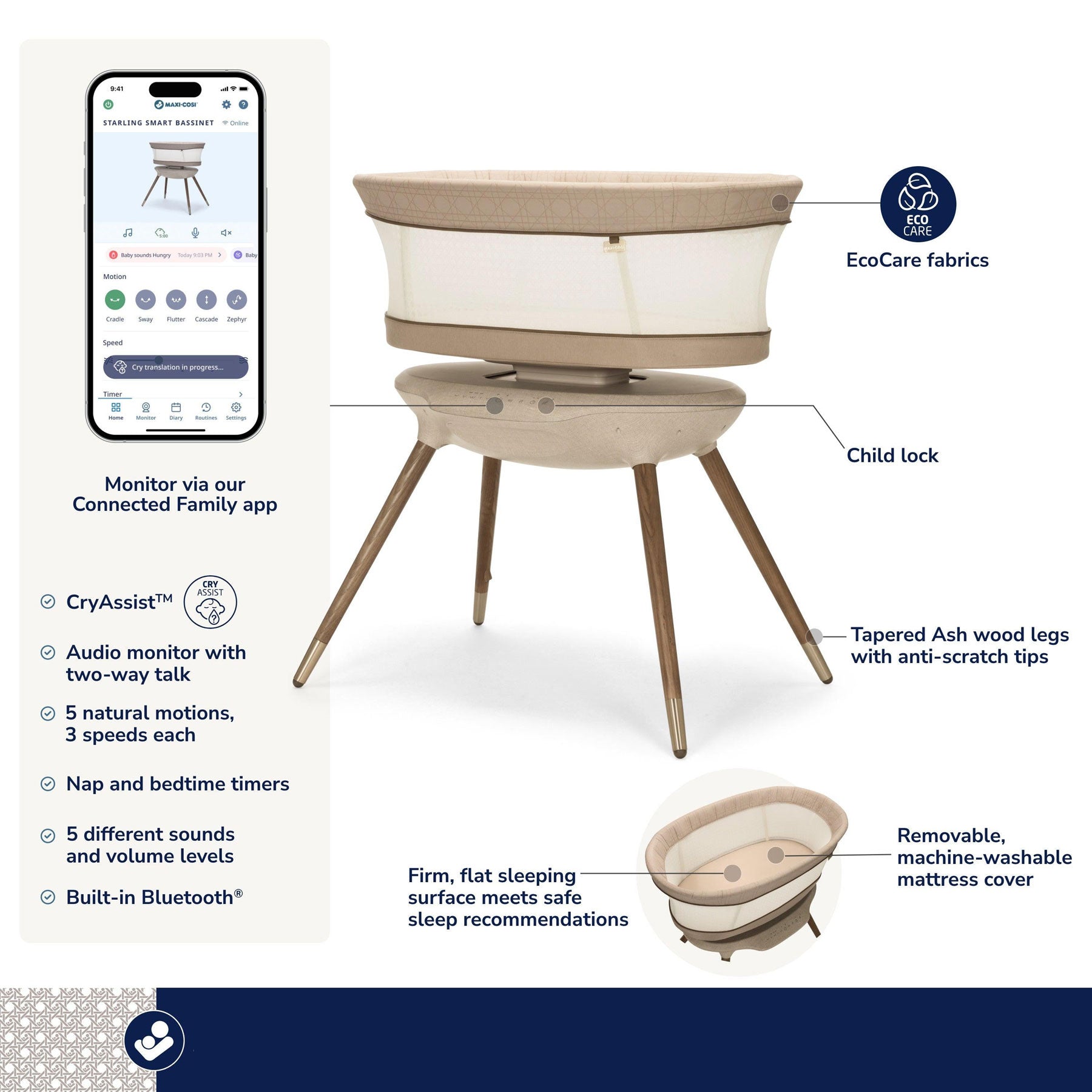 Maxi Cosi Starling Smart Bassinet – Auto Rocking Baby Bassinet with Bluetooth, White Noise & Sleep Tracking – Perfect for Nursery, Bedroom & Travel