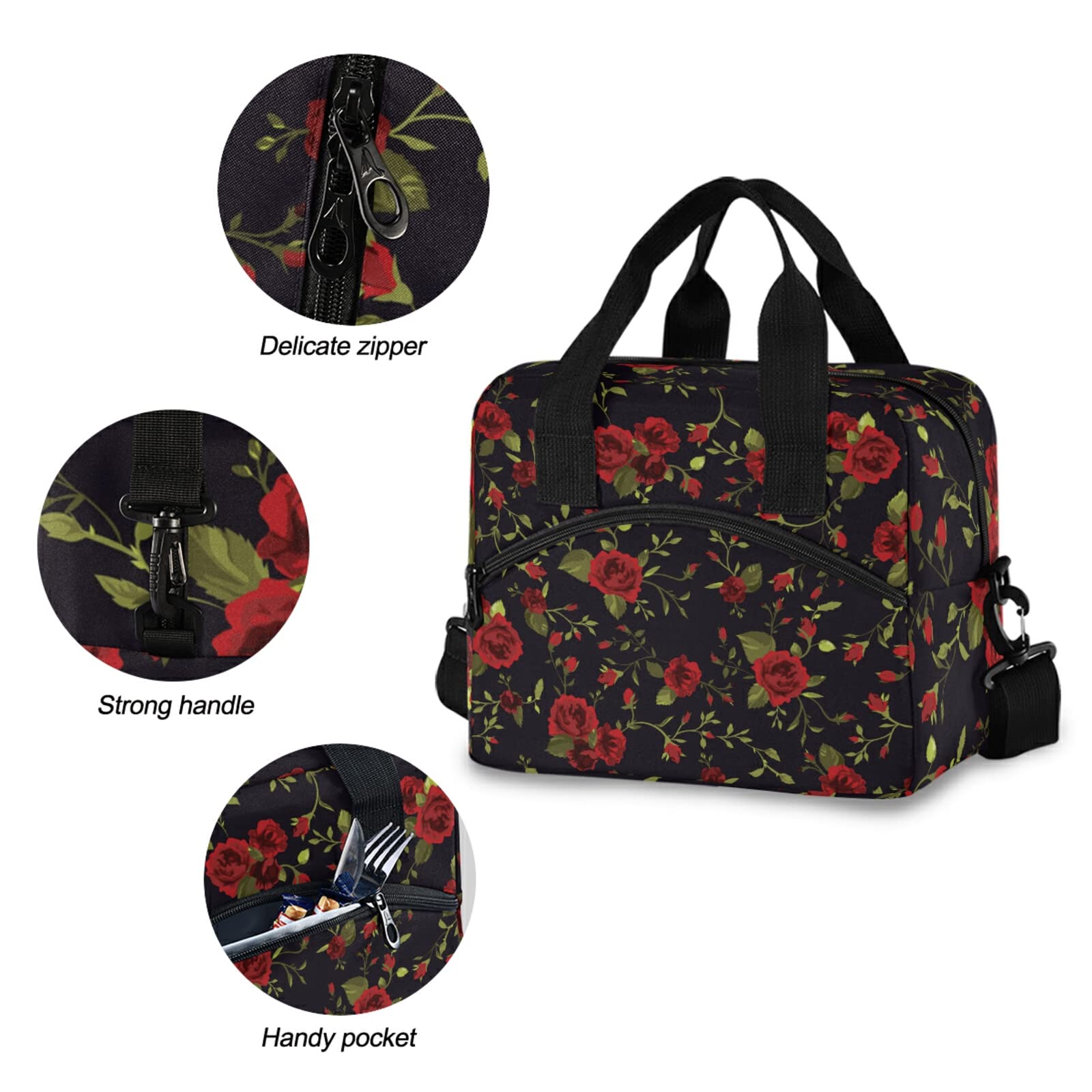 ALAZA Insulated Lunch Box with Shoulder Strap - 19-Can (12.5L) Capacity, Reusable Cooler Bag for Women & Men - Perfect for Work, Picnics, School & Outdoor Activities - Red Rose Floral Design