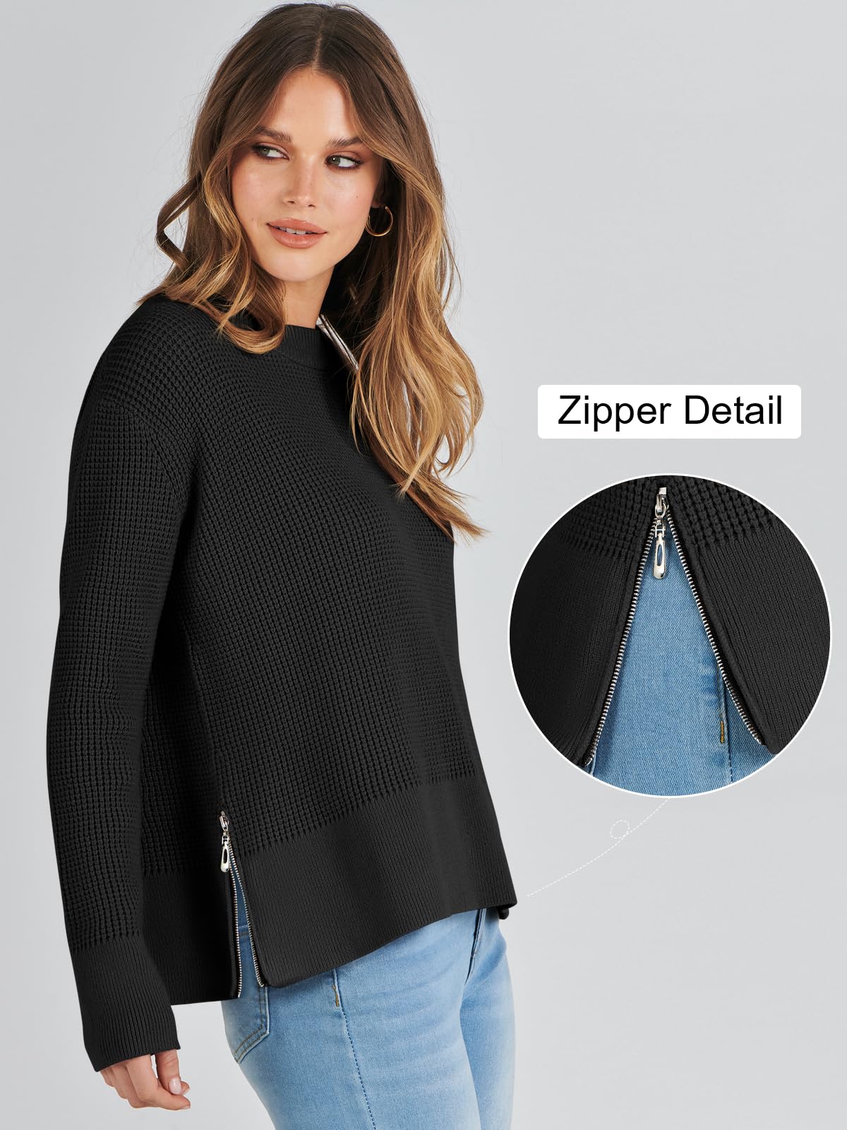 ANRABESS Women's Long Sleeve Waffle Knit Pullover Sweater with Side Zipper & Thumbholes | Casual Crewneck Top for Fall 2024 | Perfect for Autumn Layering, Coffee Dates & Weekend Outings