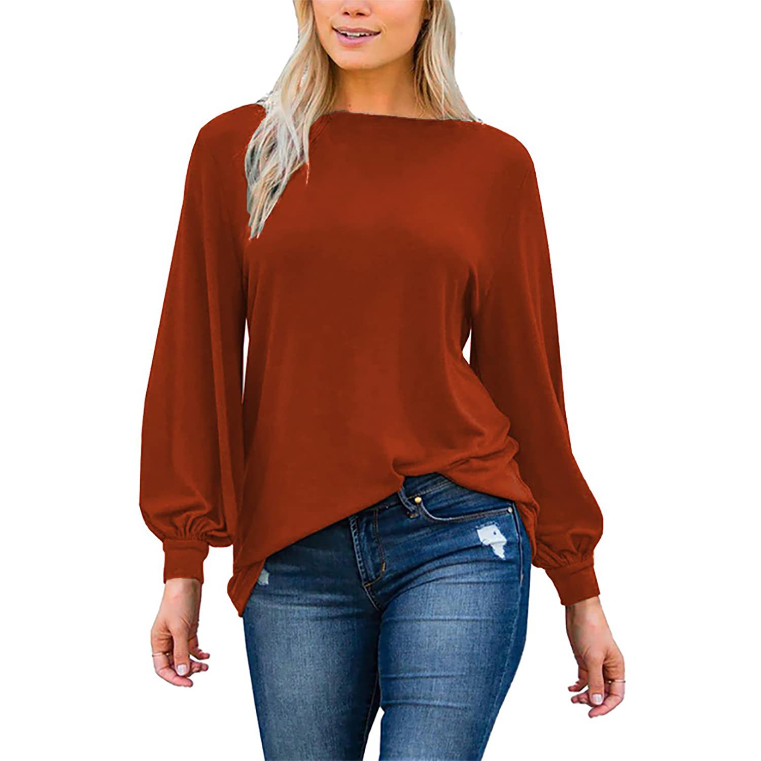 MAKARTHY Women's Long Puff Sleeve Boat Neck T-Shirt Tunic Top - Casual Blouse for Work, Date Night & Everyday Wear