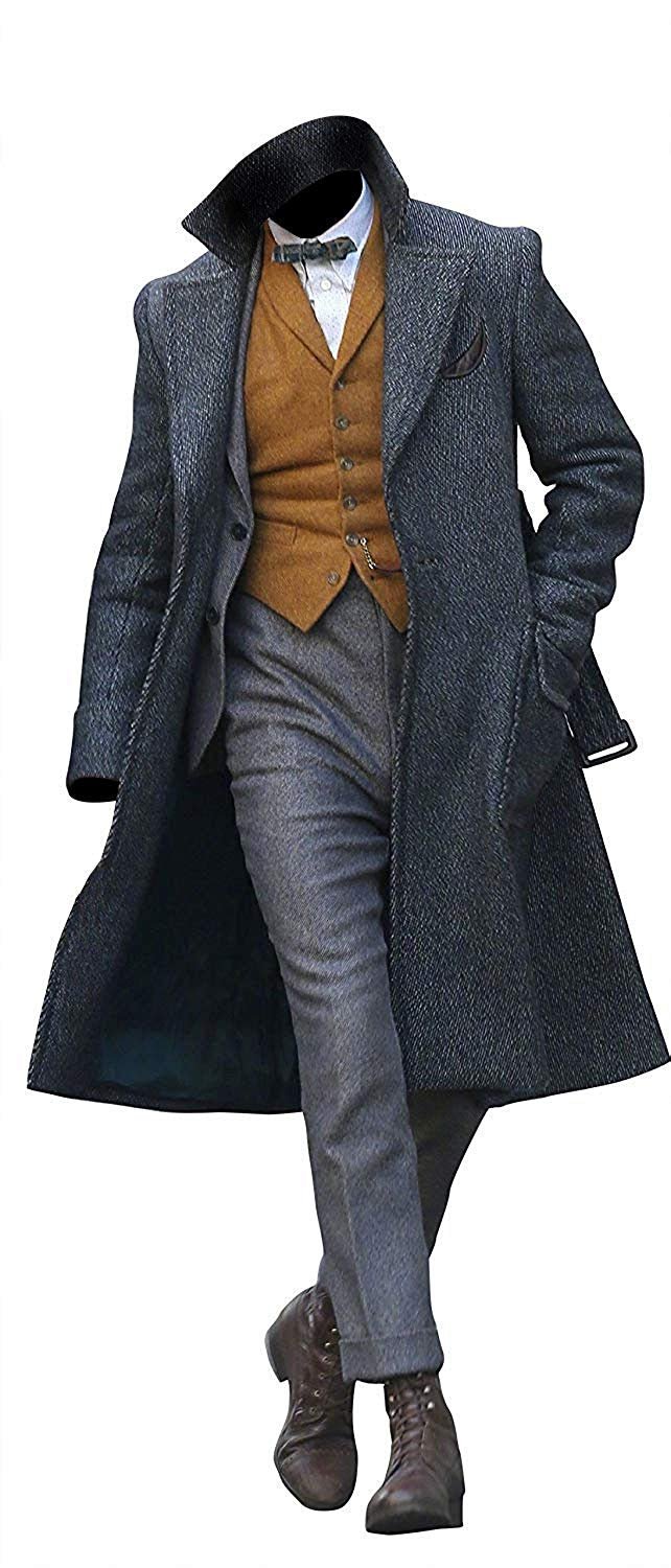 Men's Grey Wool Trench Coat with Lapel Collar - Eddie Redmayne Inspired Fantastic Beasts Scamander Style | Winter Fashion Outerwear for Business, Dating & Formal Occasions